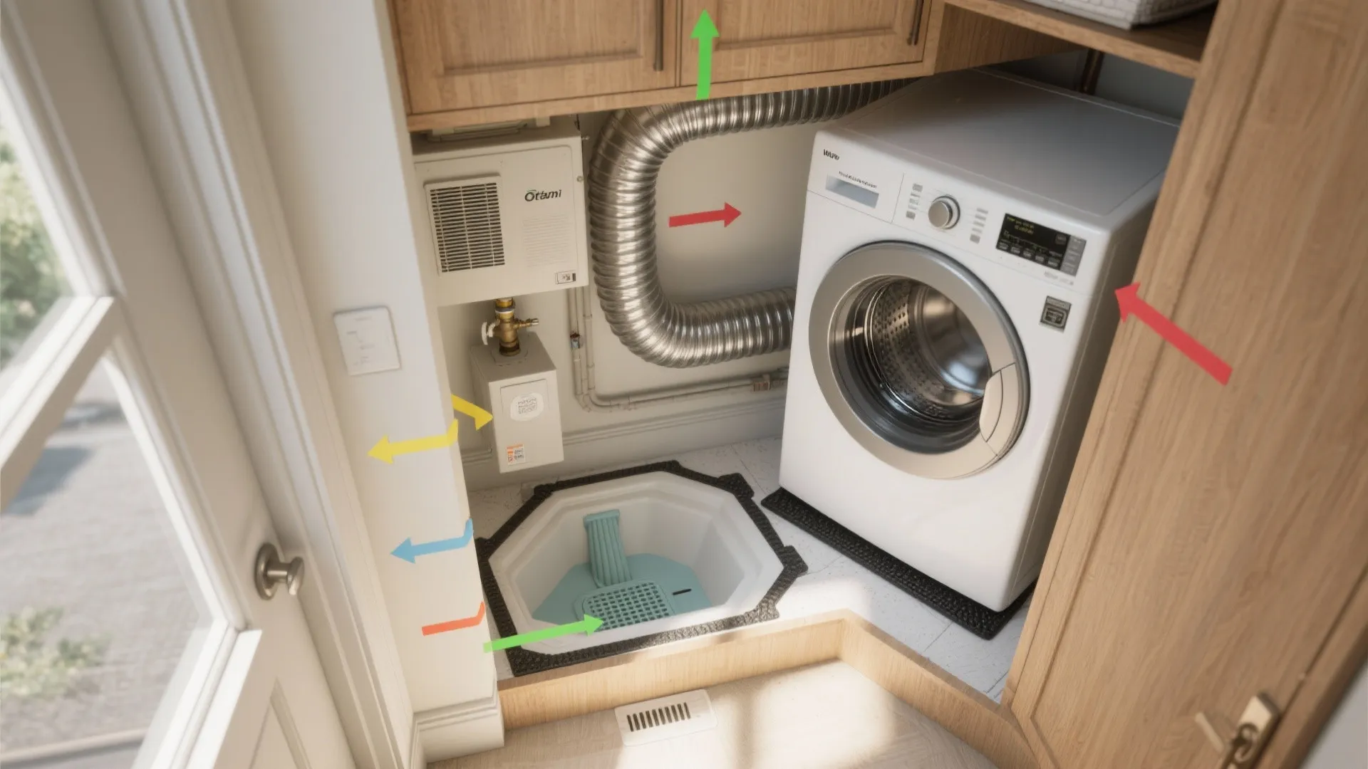 Washing machine with venting pipes and floor drain shown using colorful arrows for air flow