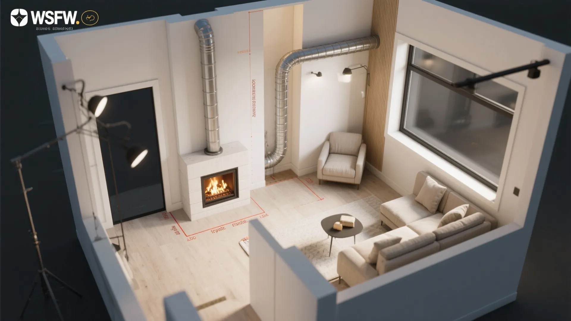 Top-down view of corner gas fireplace venting in small rooms: direct-vent route versus vent-free layout with clearances.