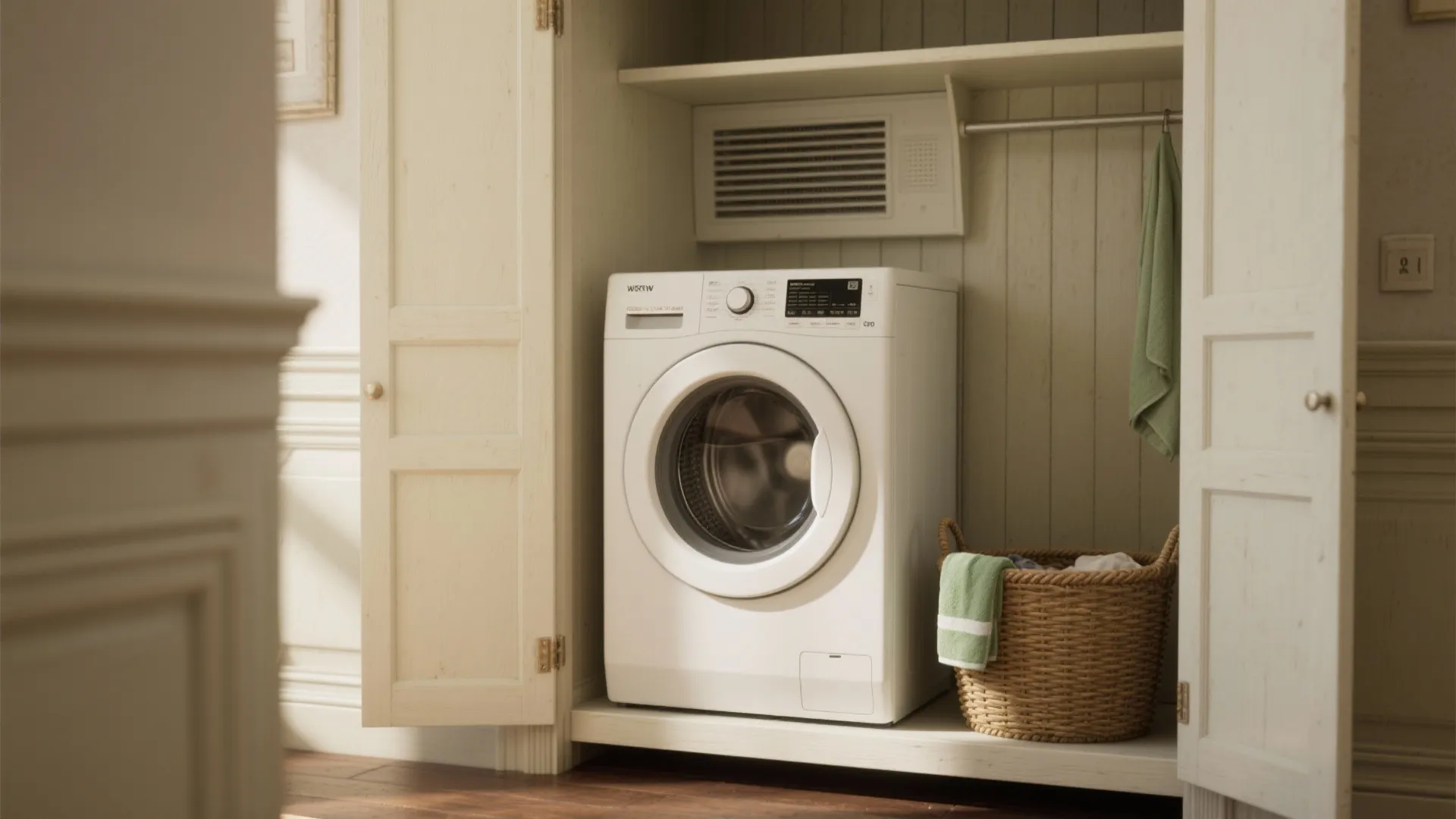 A white front load washing machine installed inside a wooden cabinet with a laundry basket