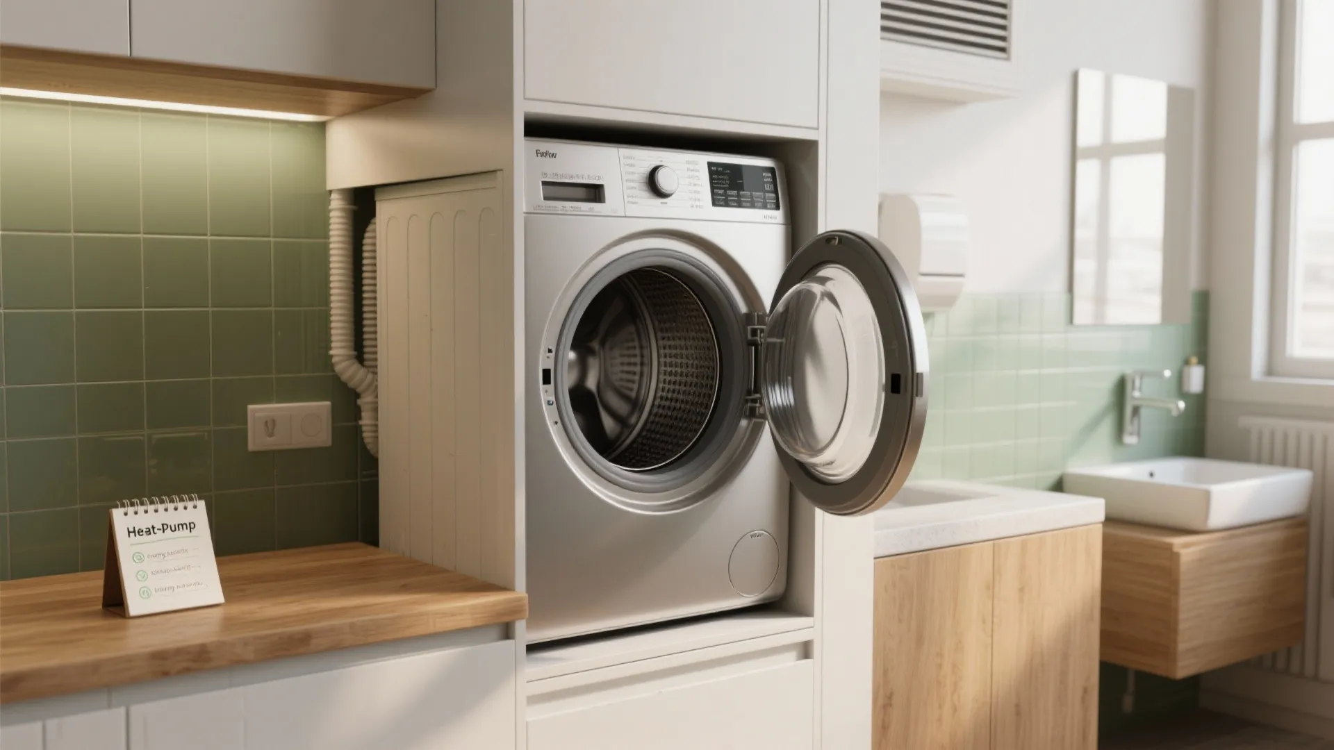 Condensing ventless dryer installed under a countertop in a compact apartment laundry niche next to bathroom ventilation.