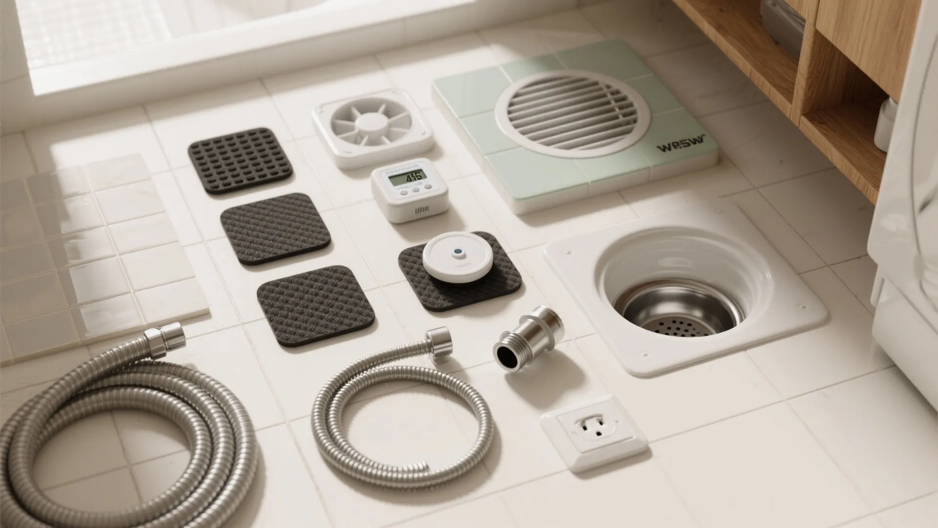 Various bathroom plumbing parts including white vent cover metal hose and floor drain on white tiles