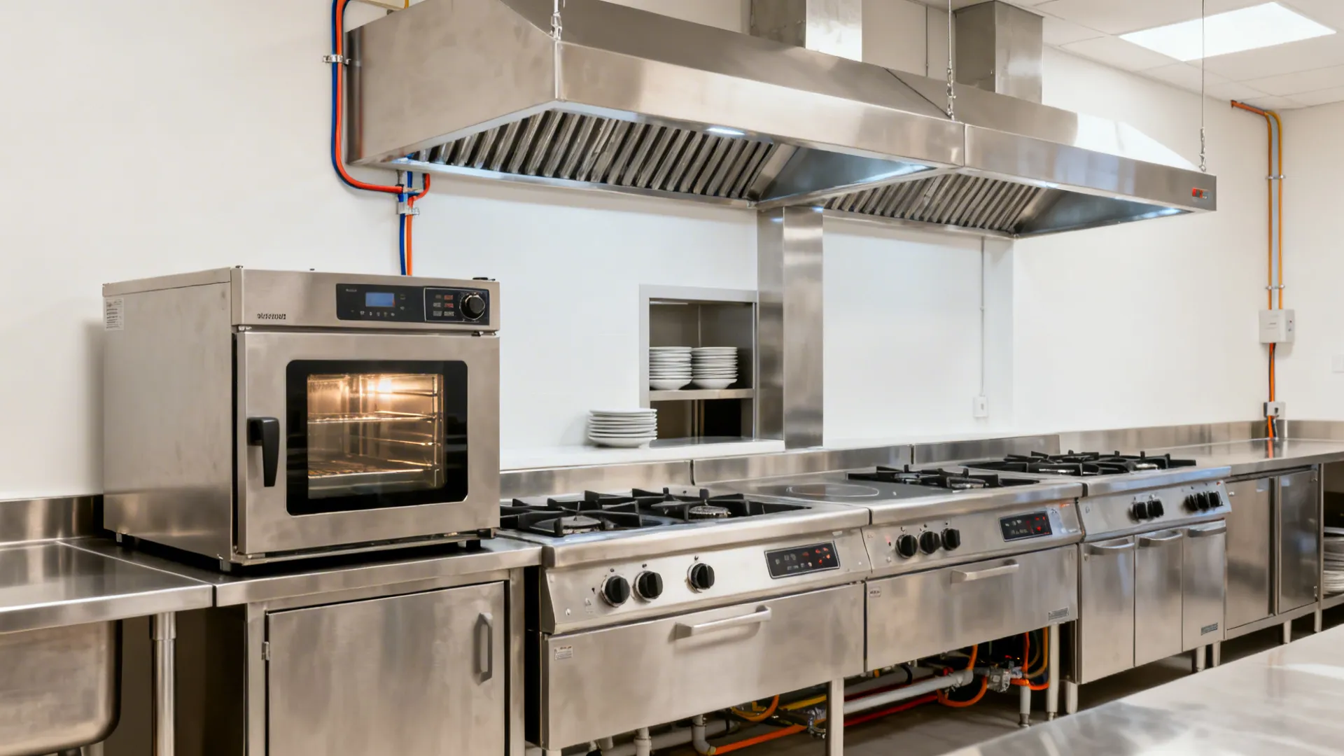 Compact ventless micro-line with combi and high-speed ovens, induction hobs, and a small dish area.