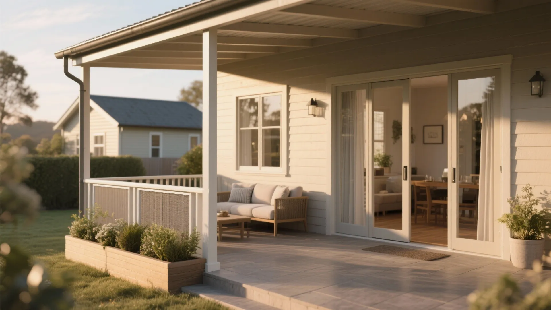 Outdoor patio design featuring a sofa, coffee table, white porch railing, and sliding glass doors