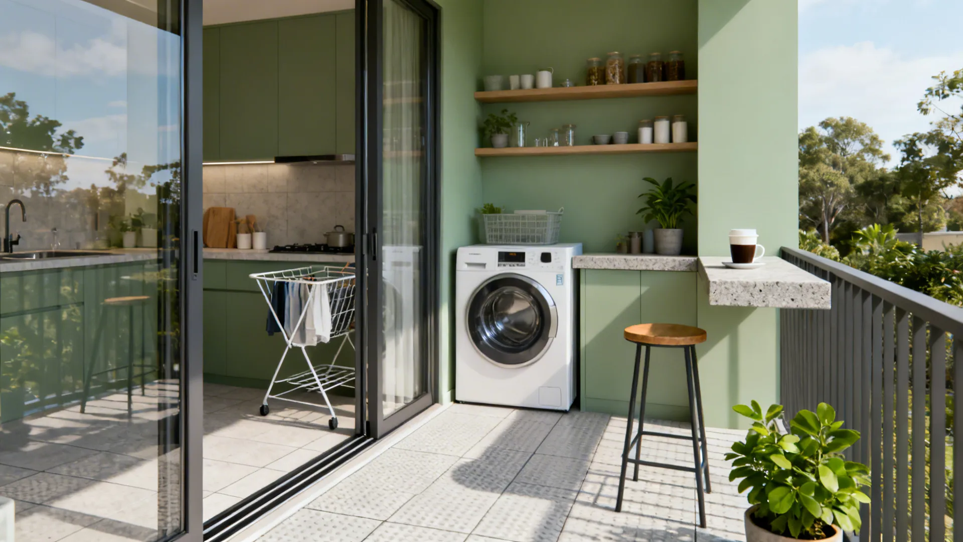 Veranda as a dual-purpose utility and breakfast nook