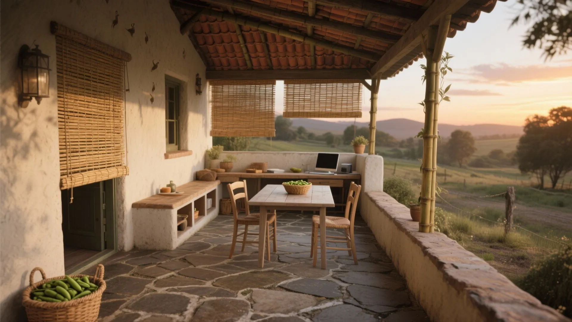 Rustic outdoor porch featuring stone floor wooden dining table chairs and woven window blinds at sunset