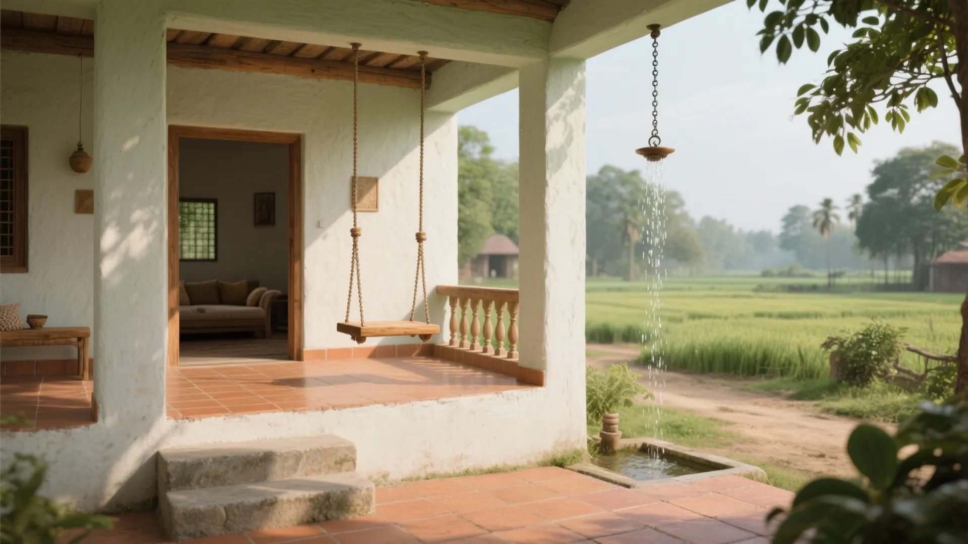 Semi-Open Verandah Style: Otla Steps, Jhula, and Courtyard Connection