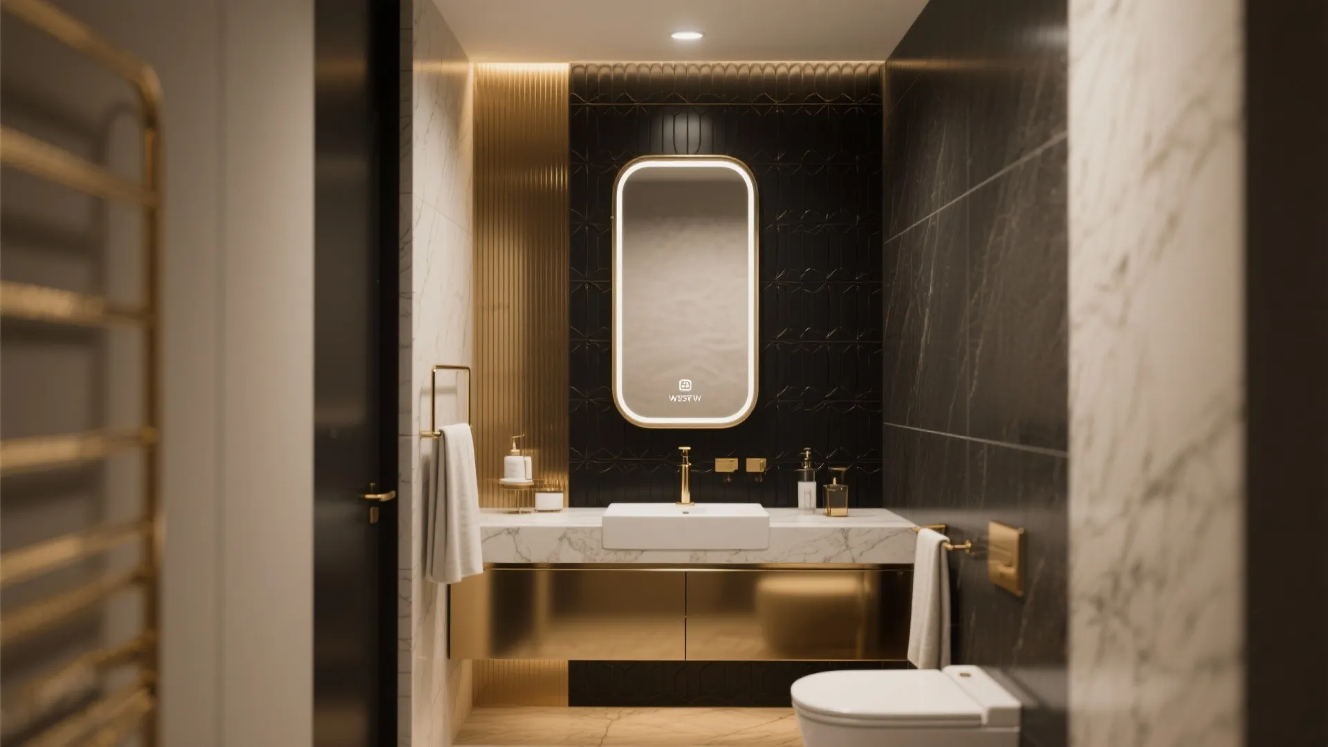 Modern luxury bathroom featuring gold cabinet white marble sink glowing mirror black wall white toilet