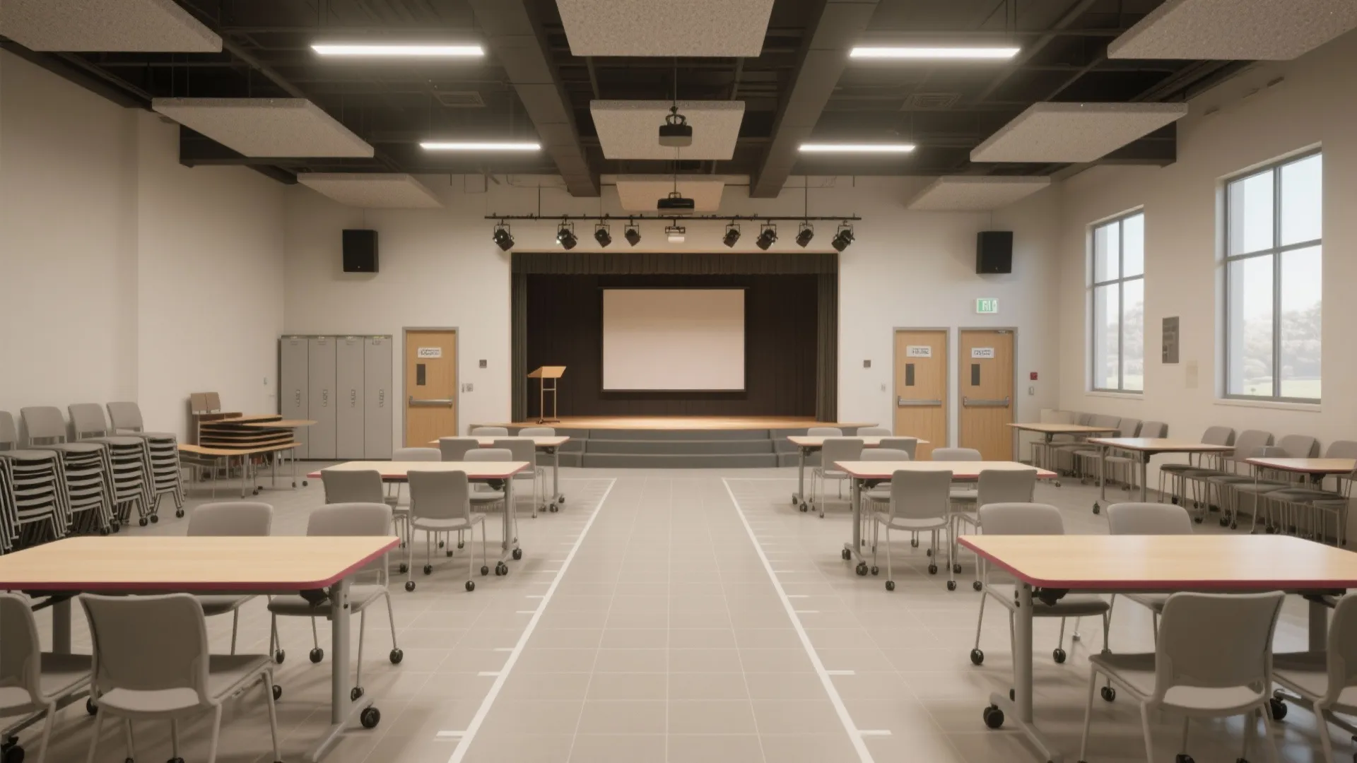 Large multipurpose hall with grey chairs, wooden tables, small stage, projection screen, and ceiling lights