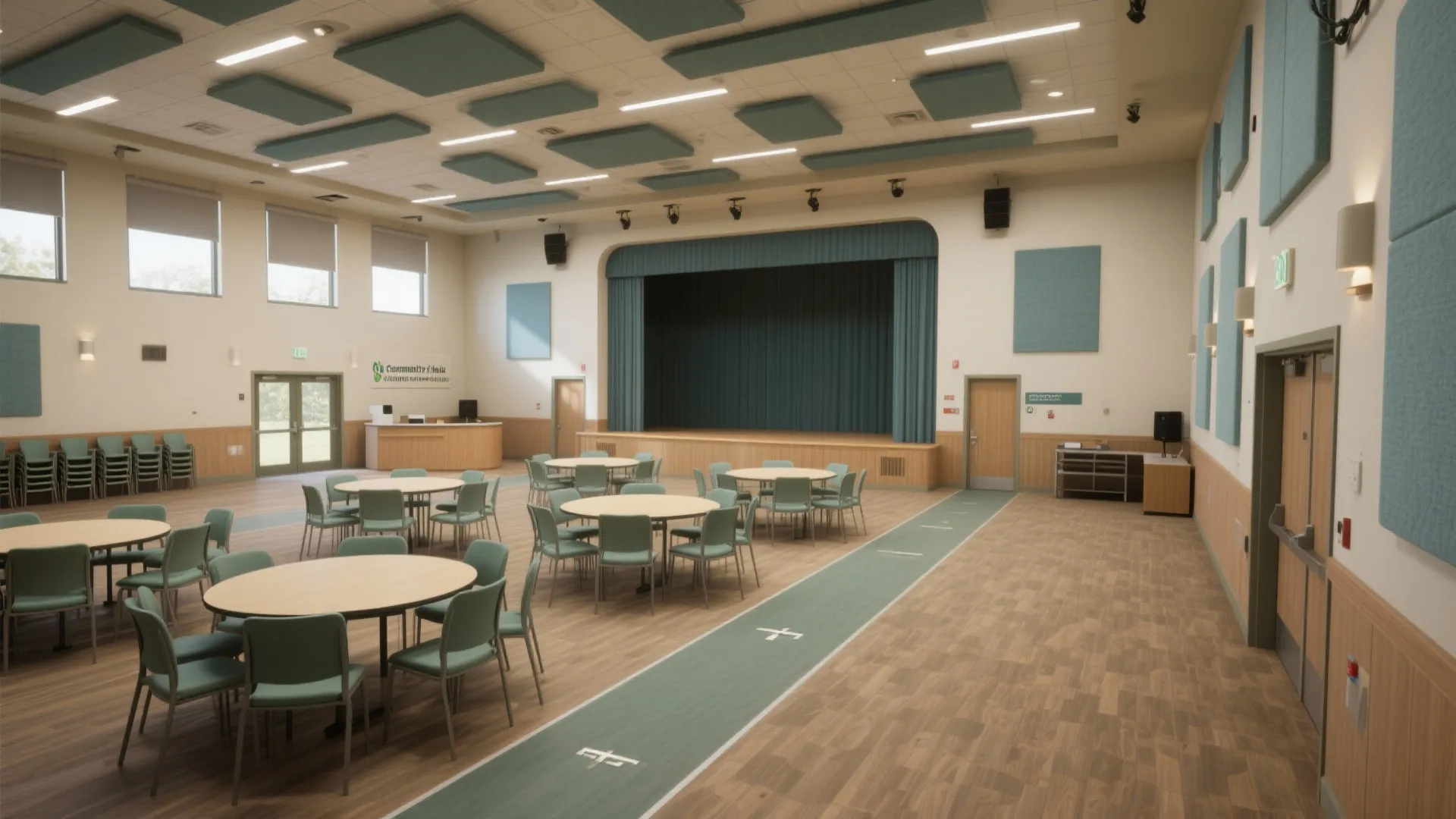 Large community hall with round wooden tables green chairs stage curtains and blue wall sound panels