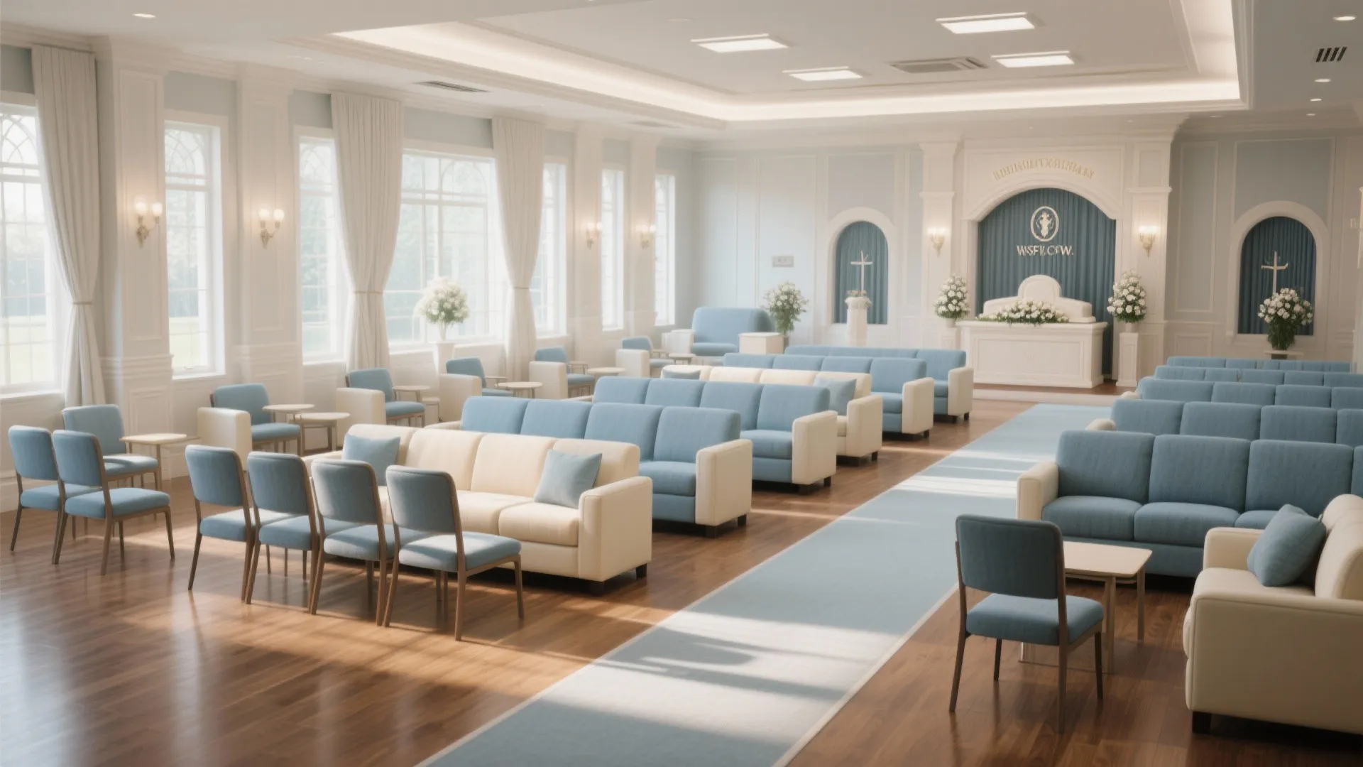 Spacious light blue and cream waiting room with rows of sofas wooden floors and large windows