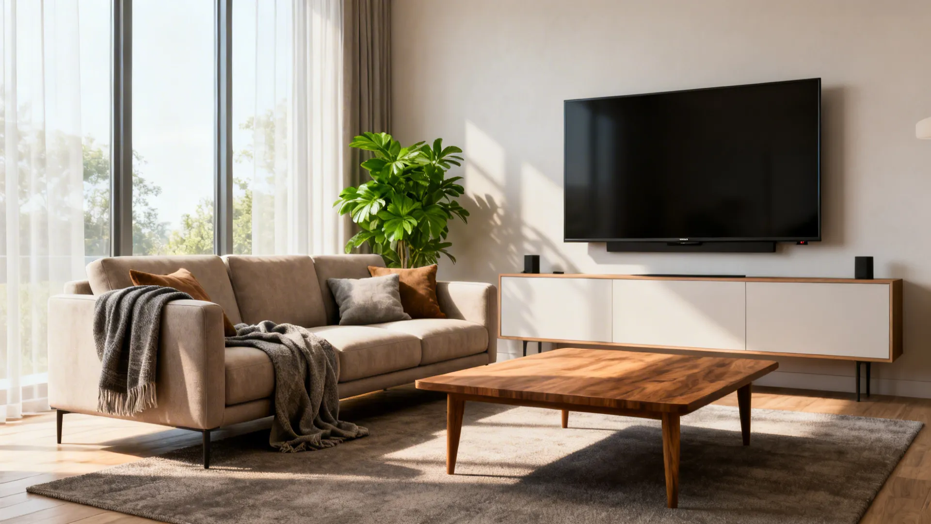 Mid-sized living room with a 55–65 inch TV and sofa at comfortable viewing distance.