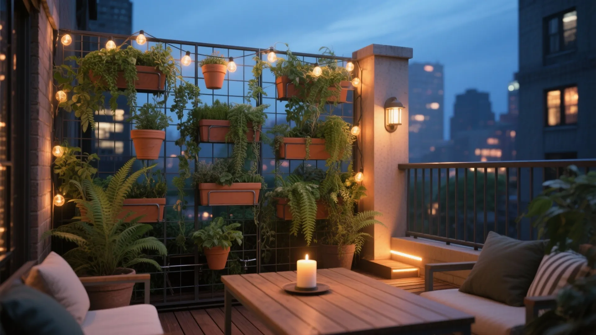 Vertical Garden Wall + Layered Lighting