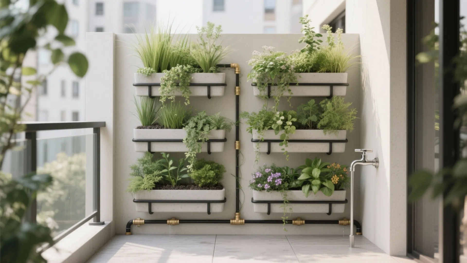 Vertical Garden with Lightweight Planters and Micro-Irrigation
