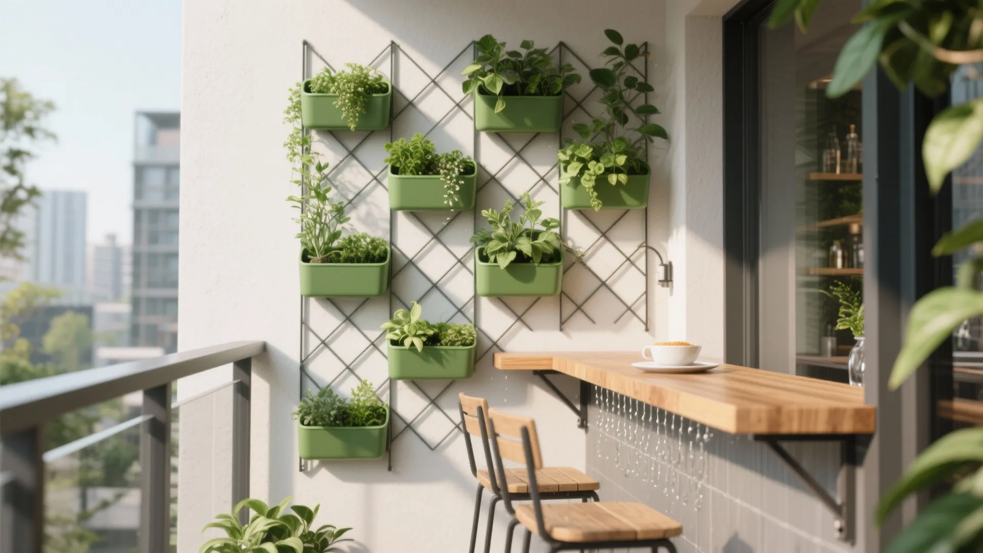 Modern balcony featuring green wall planters a wooden bar counter two chairs and city views