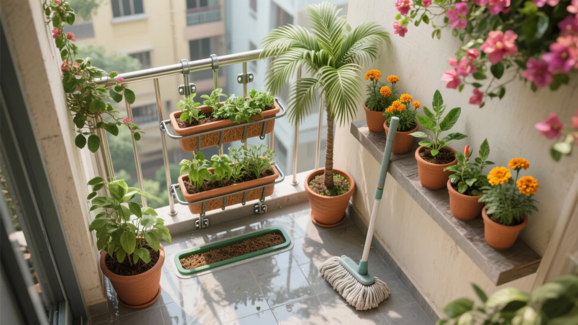 Bright balcony area filled with various potted green plants and colorful flowers including a cleaning mop