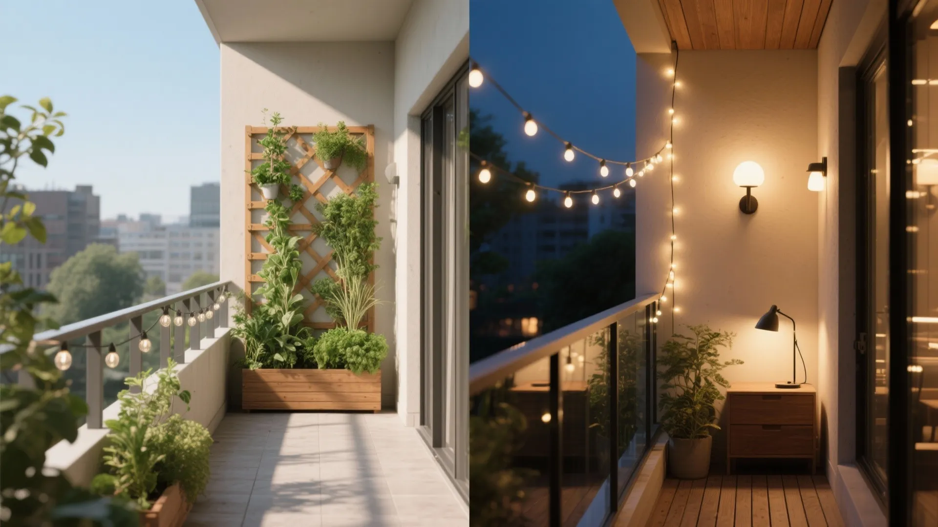 Vertical garden and layered lighting for day-to-night use