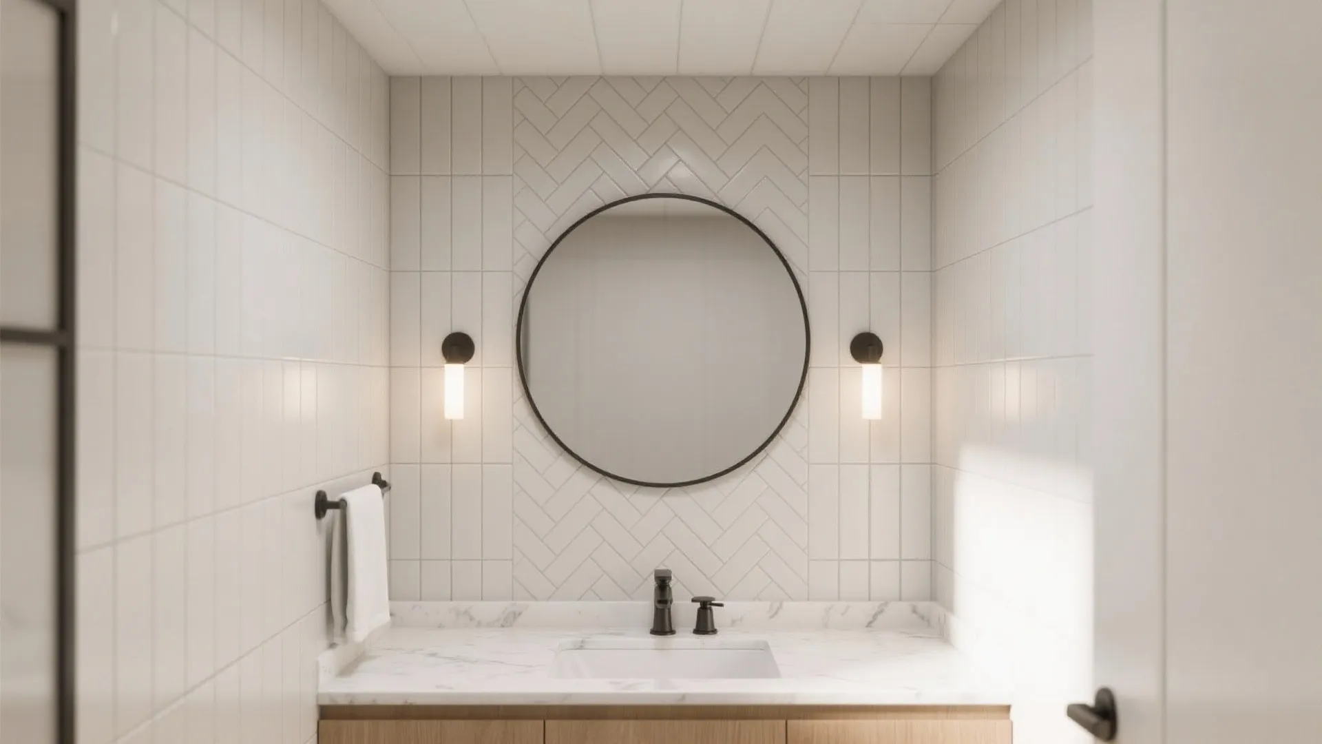Bright bathroom interior with round mirror marble counter top black faucet towel and vertical wall tiles