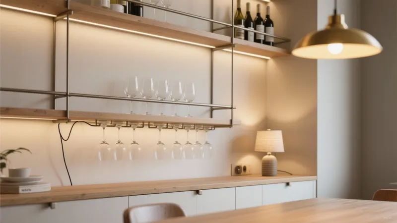 Modern Bar Area with Wood Shelving and Warm Lighting