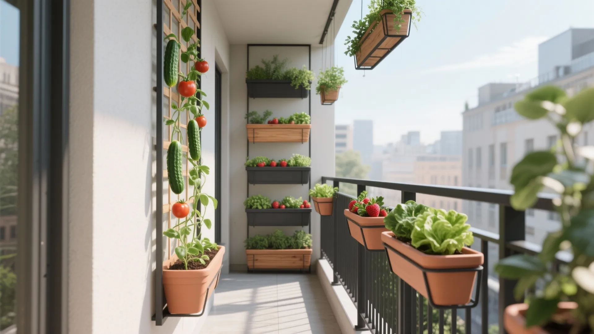 Small balcony with vertical planters growing fresh tomatoes cucumbers strawberries and green leafy organic vegetables