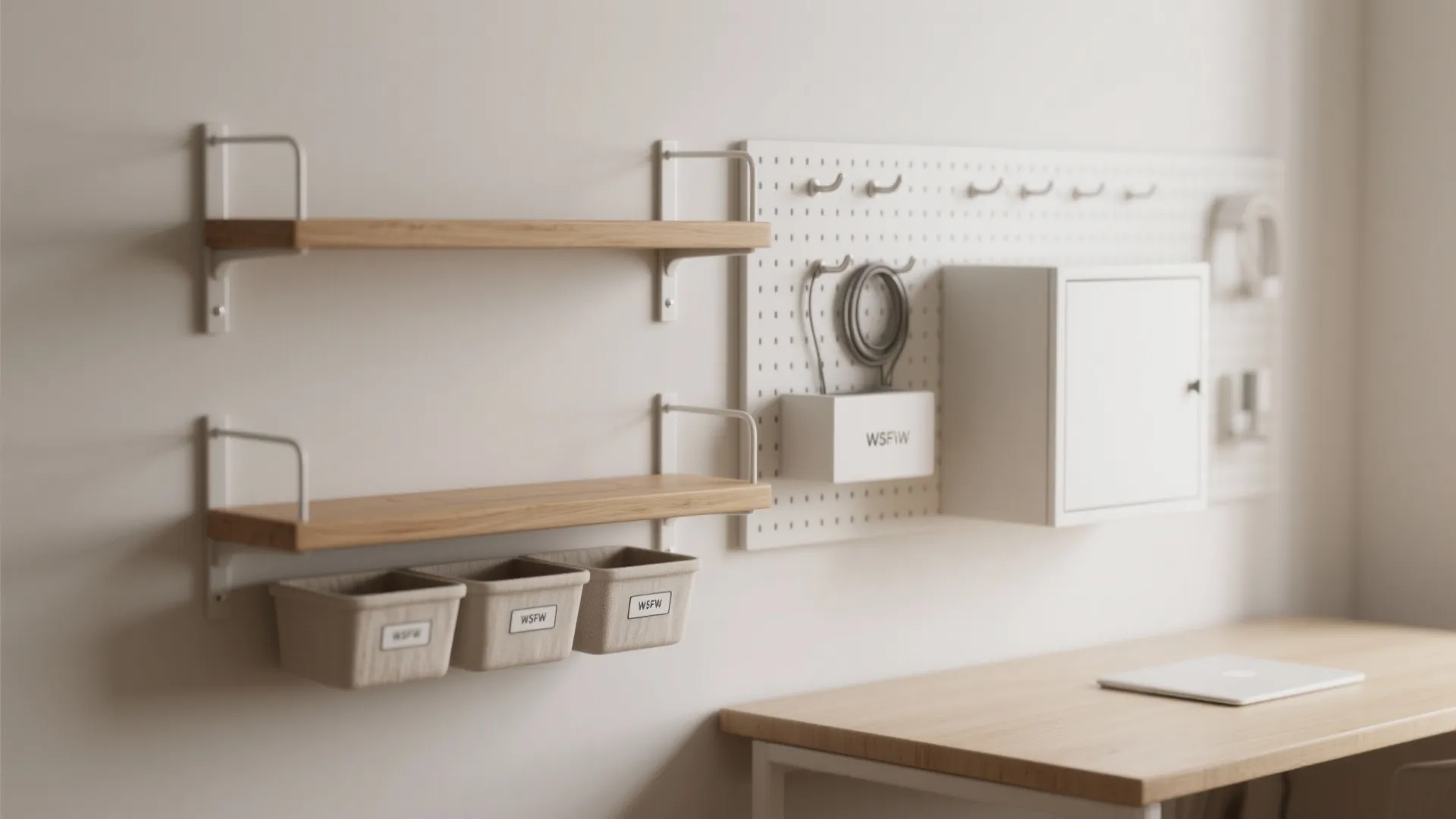 Wall with two wooden shelves, small fabric bins, and a white pegboard above wooden desk