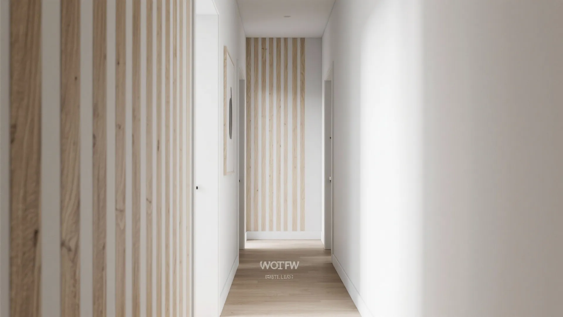 Minimalist white hallway design with light wood flooring and vertical wood wall panel decorative accent features