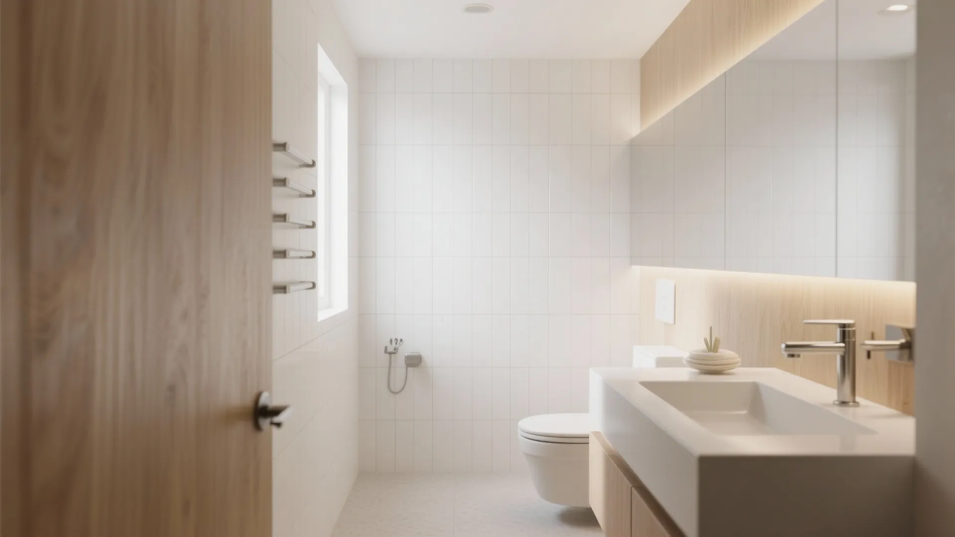 Vertical stacking and light tones to “raise” the ceiling