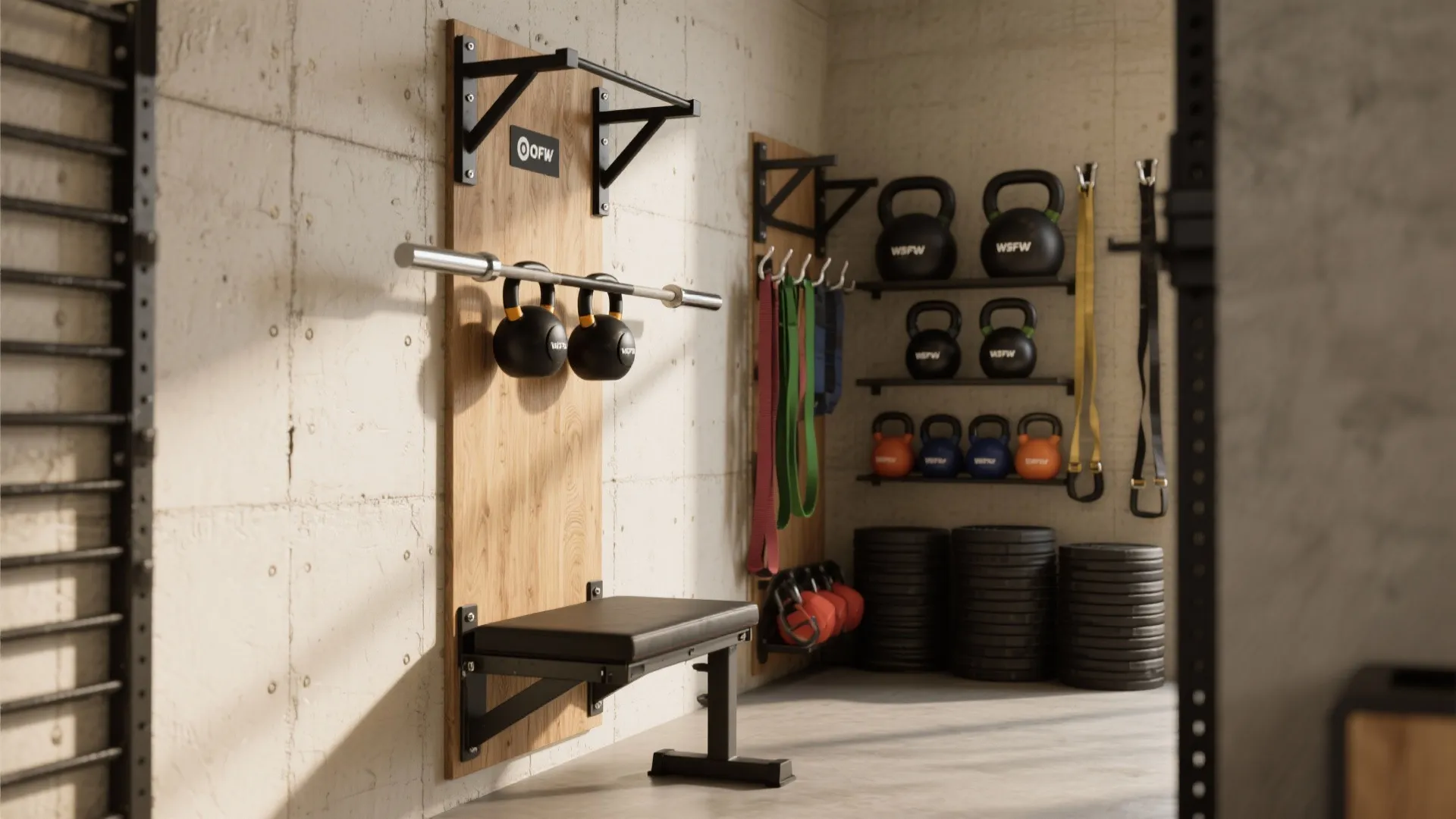 Home gym wall setup with pull up bar weight bench kettlebells resistance bands and plates
