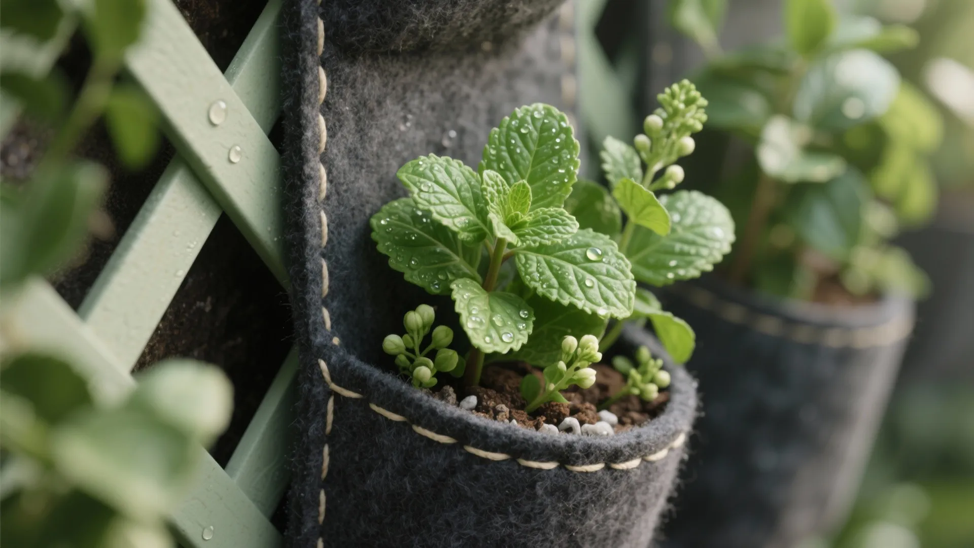 Small green herb plant with water droplets growing in a grey felt pocket vertical garden