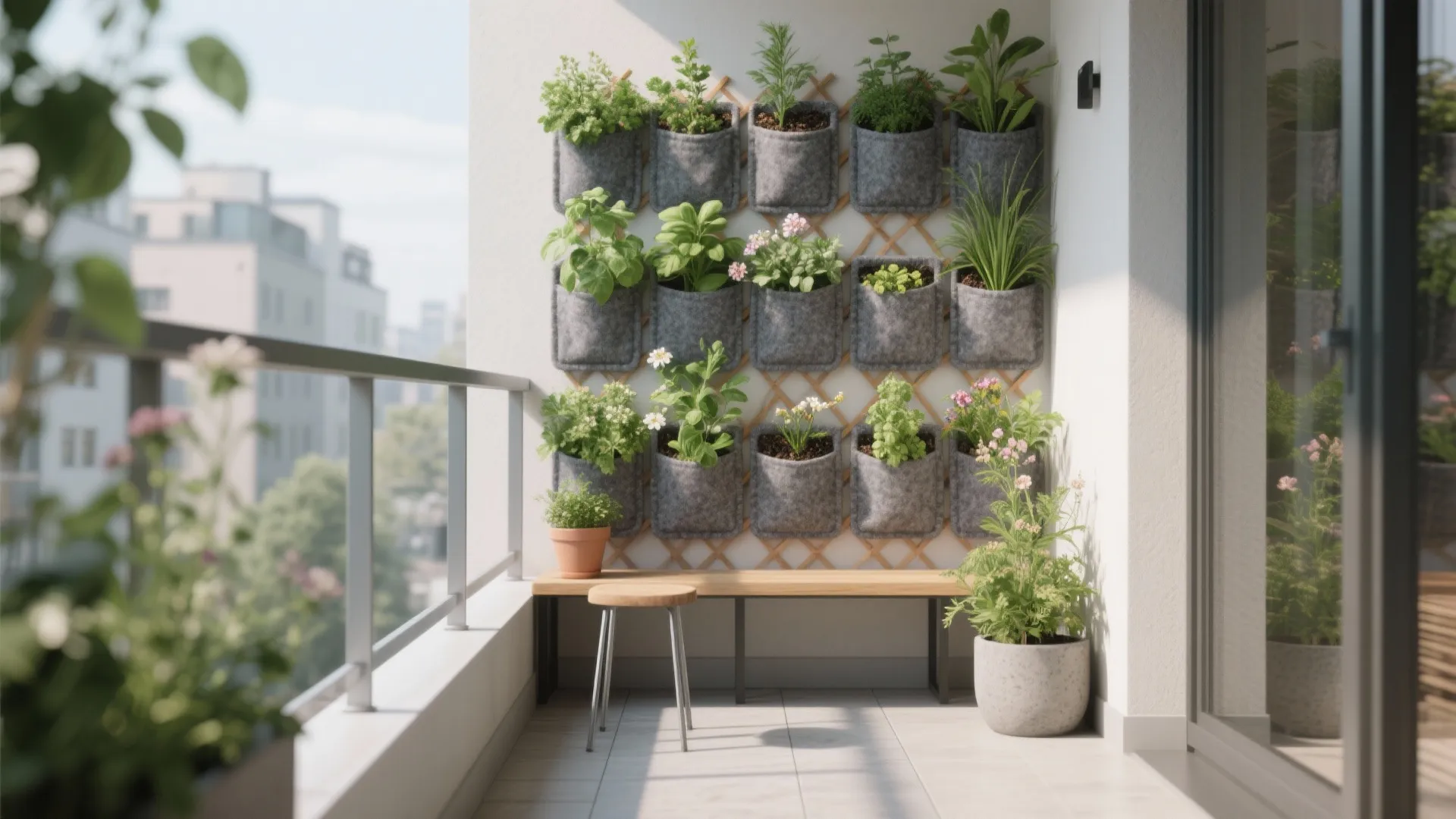 Sunlit balcony featuring a wooden bench and a vertical garden wall with many green leafy plants