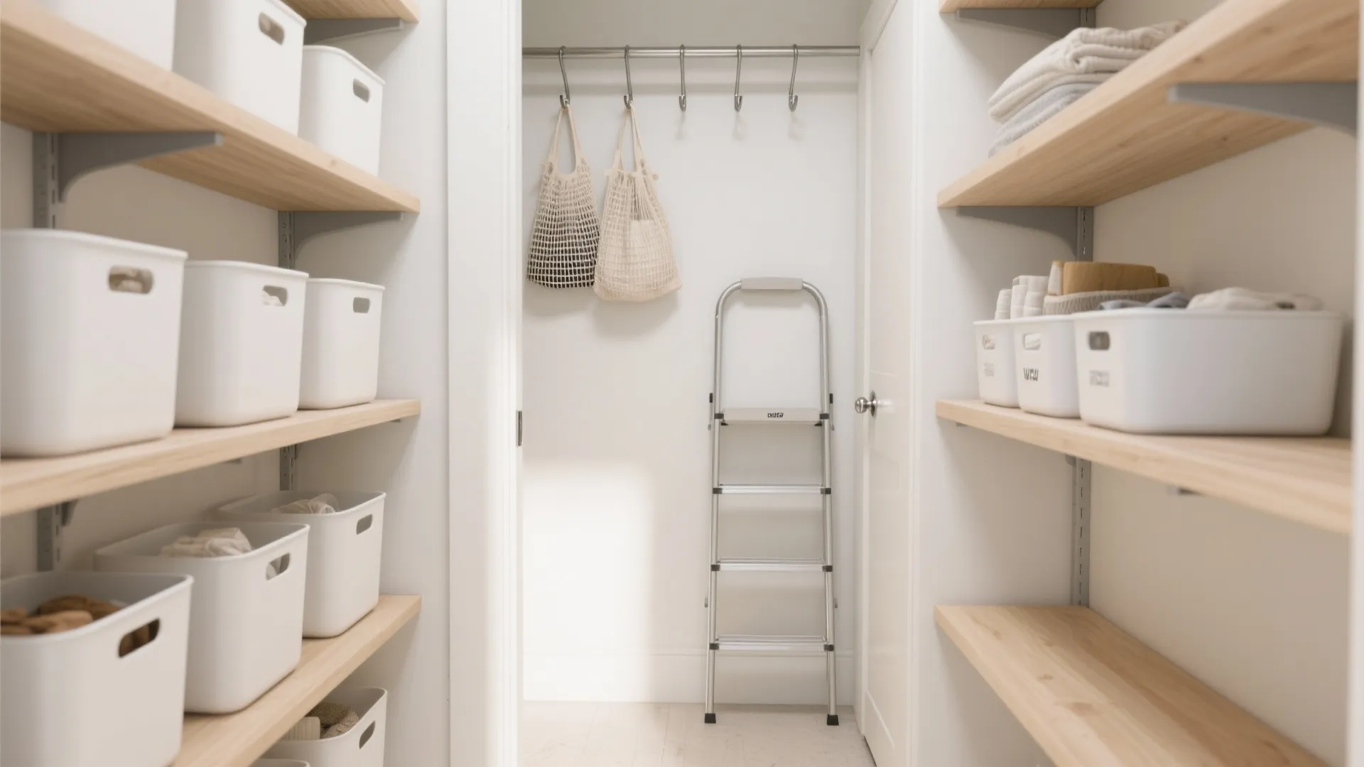 Walk in storage room with wooden shelves white plastic bins and a small metal ladder