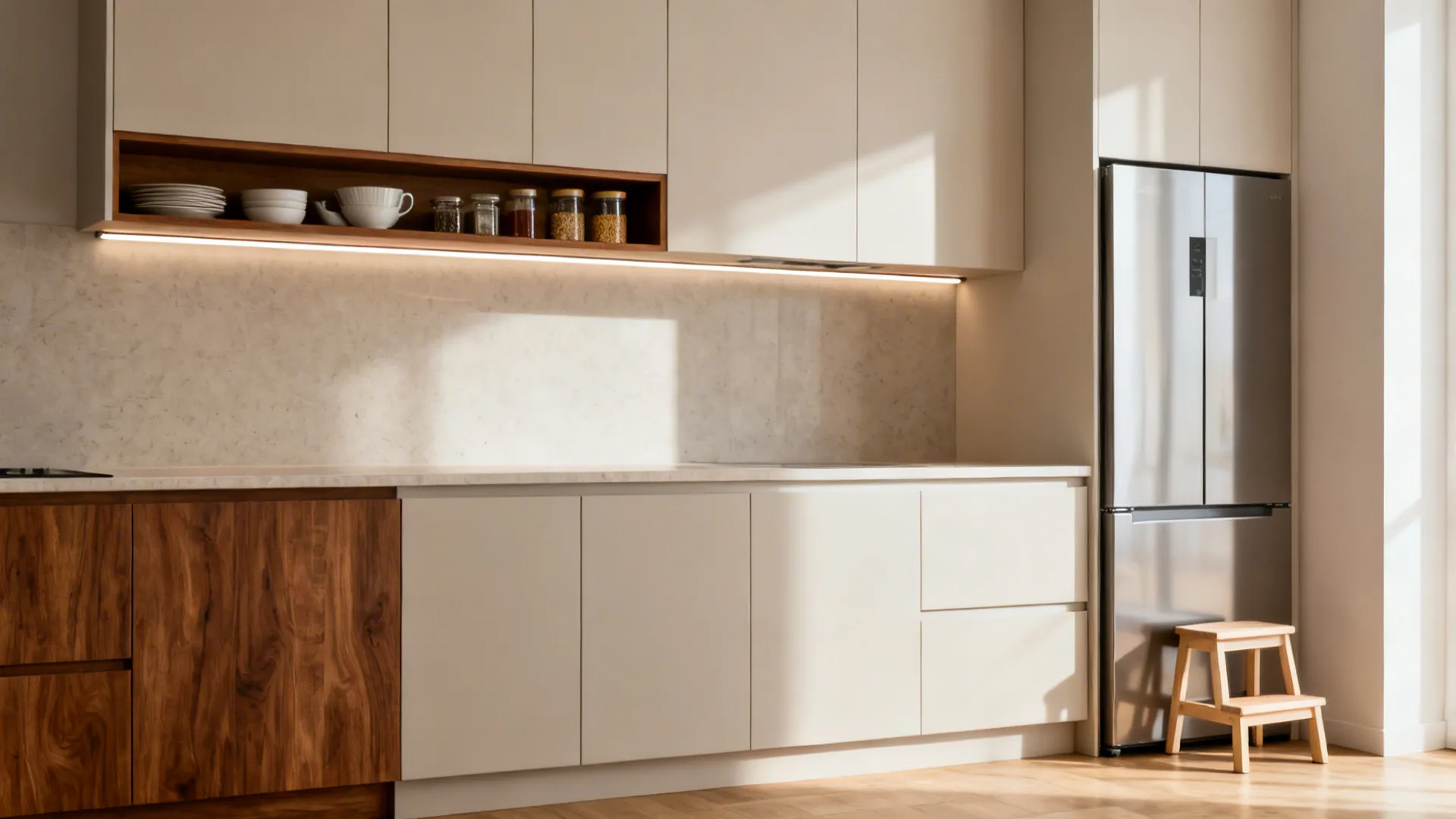 Small Indian kitchen with stacked two-tier upper cabinets and a slim open shelf with task lighting.
