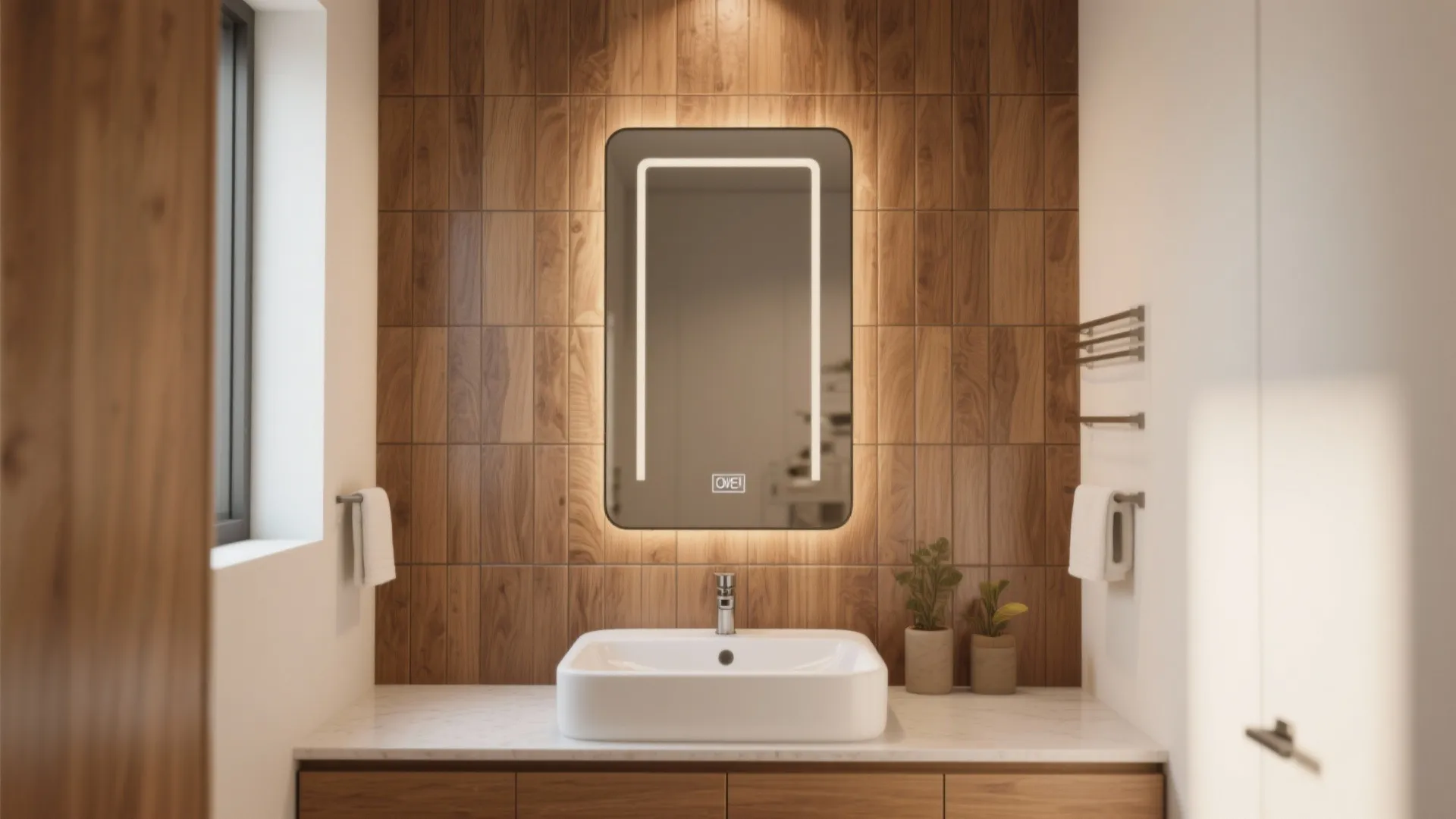 Bathroom interior design featuring lit wall mirror above white sink with vertical wood wall panels