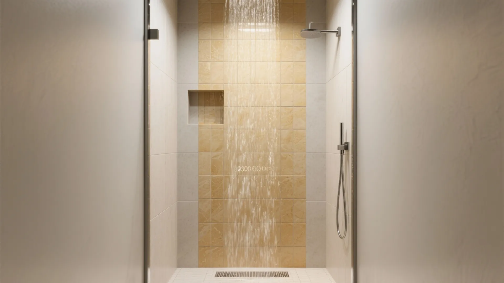 Walk in shower area with running water, yellow wall tiles, metal shower head, and shelf