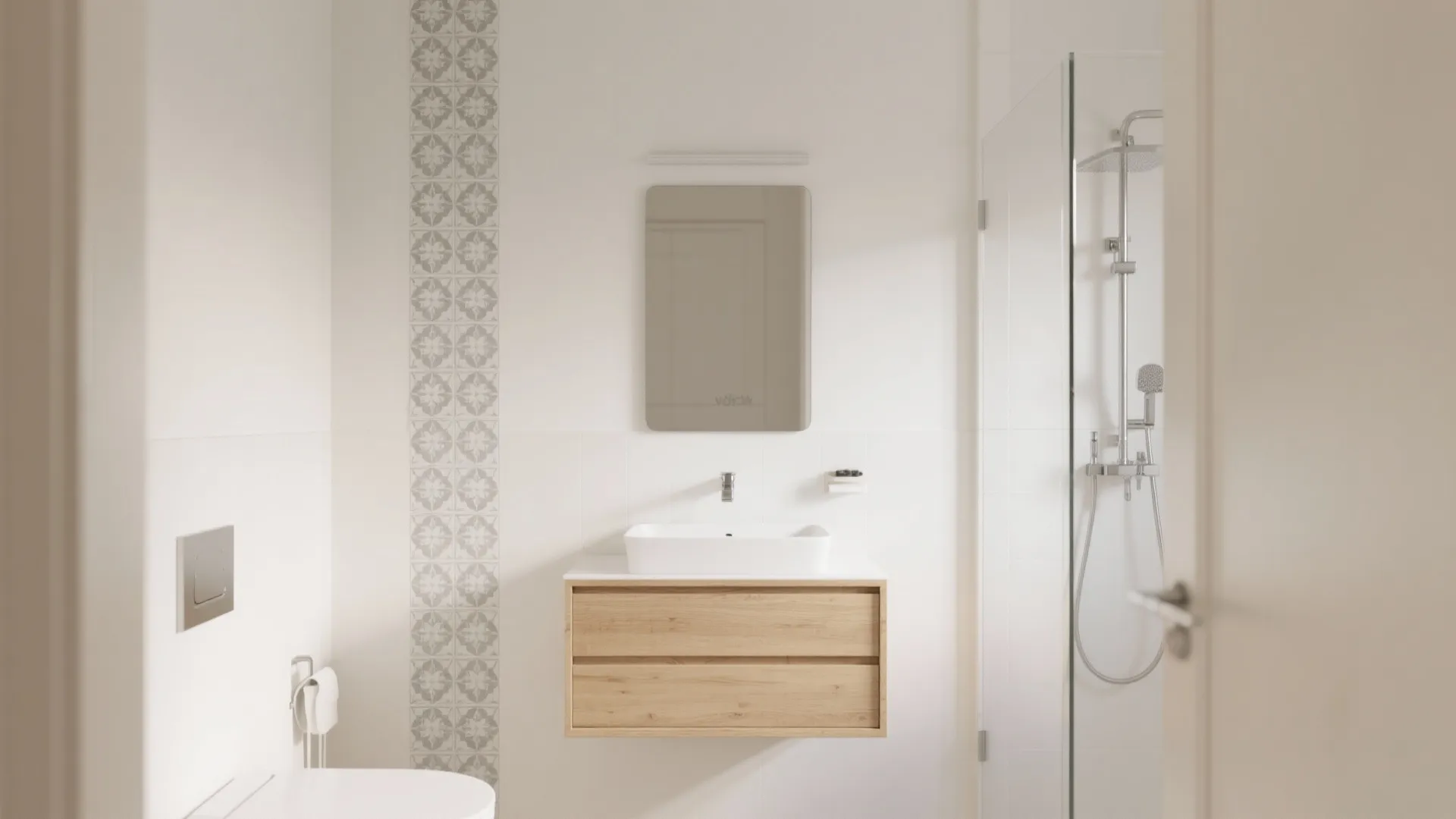 Modern white bathroom with wooden cabinet floating vanity glass shower door and grey patterned wall tiles