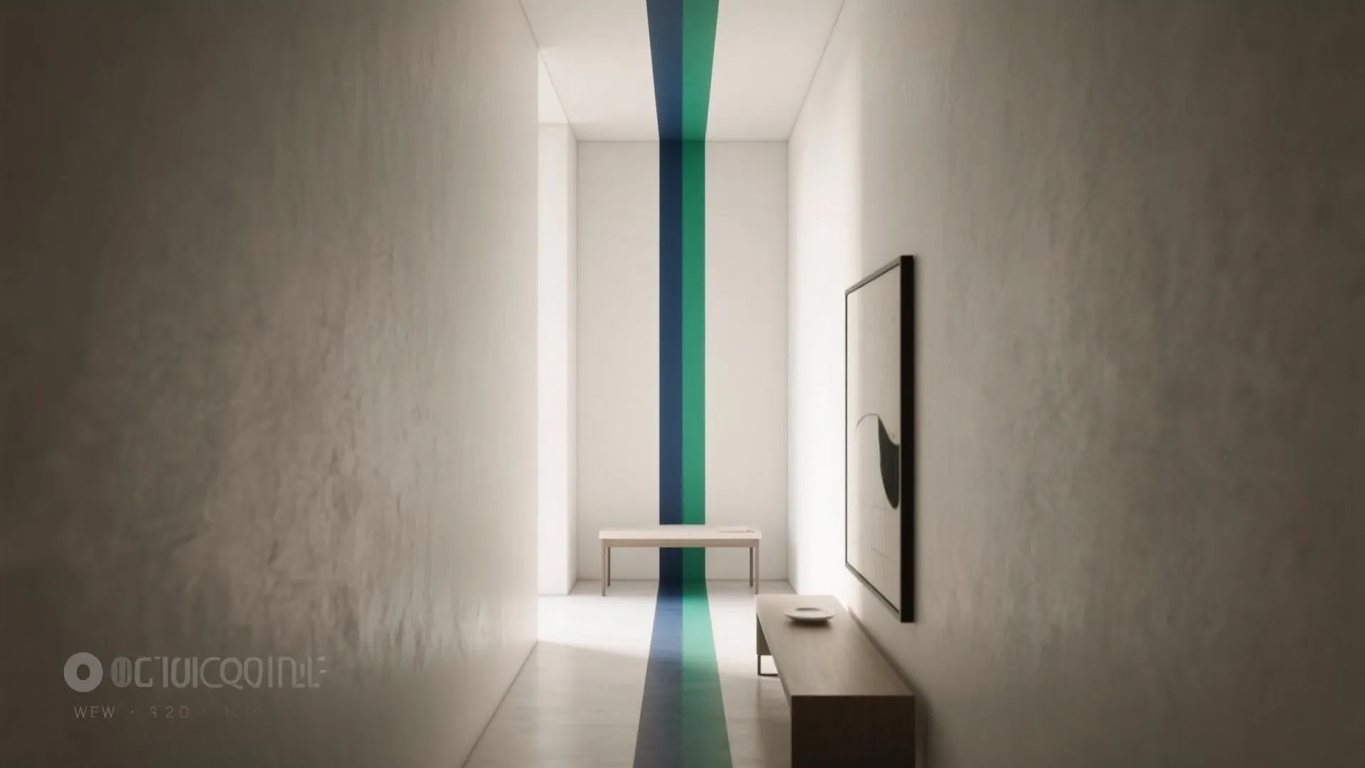 White hallway with blue and green vertical stripes running across floor wall and the ceiling