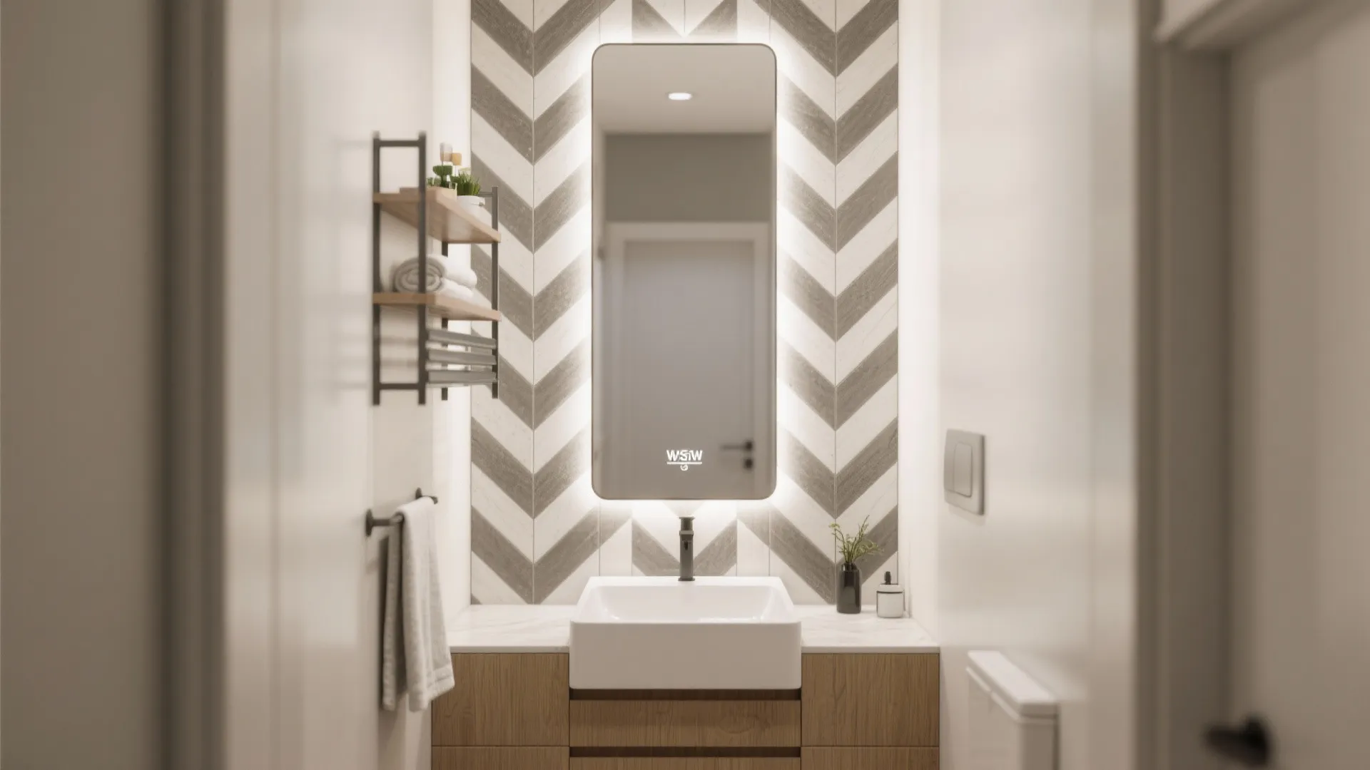 Small bathroom vanity with white sink wood cabinet lit mirror and grey pattern wall panel design
