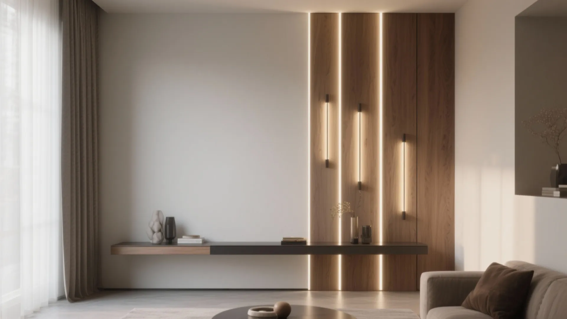 Living room featuring wood wall panel with vertical light fixtures and a long floating shelf