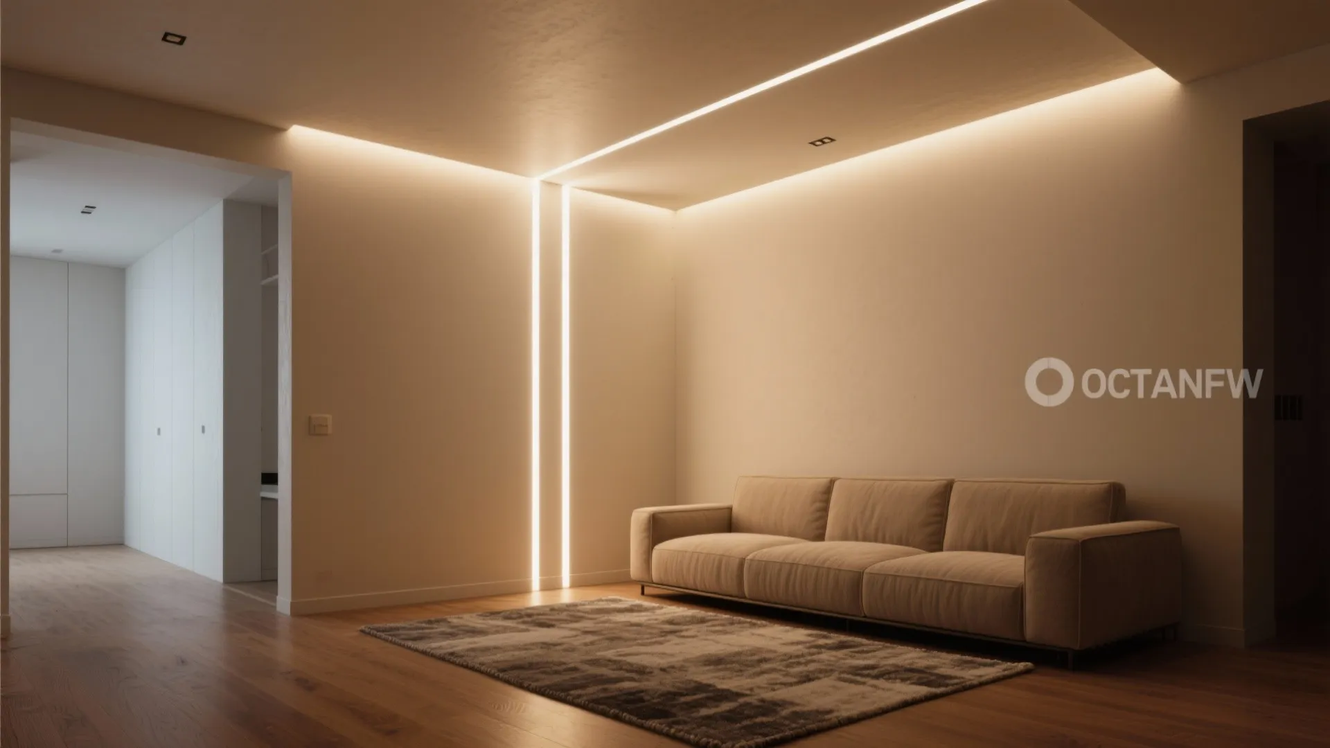 Living room corner with vertical recessed wall grazing lights visually raising the ceiling