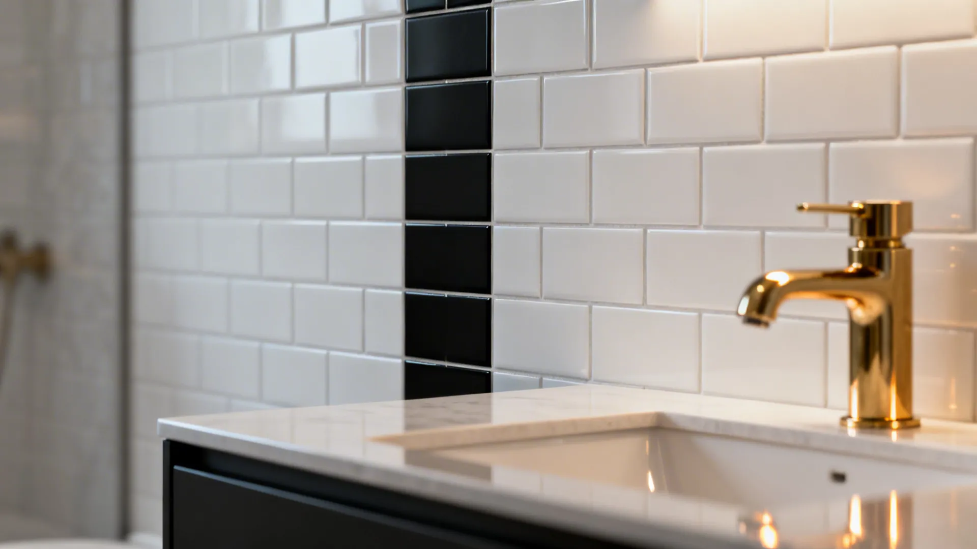 Close-up of a slim vertical black tile stripe next to white subway tiles with brass faucet detail.
