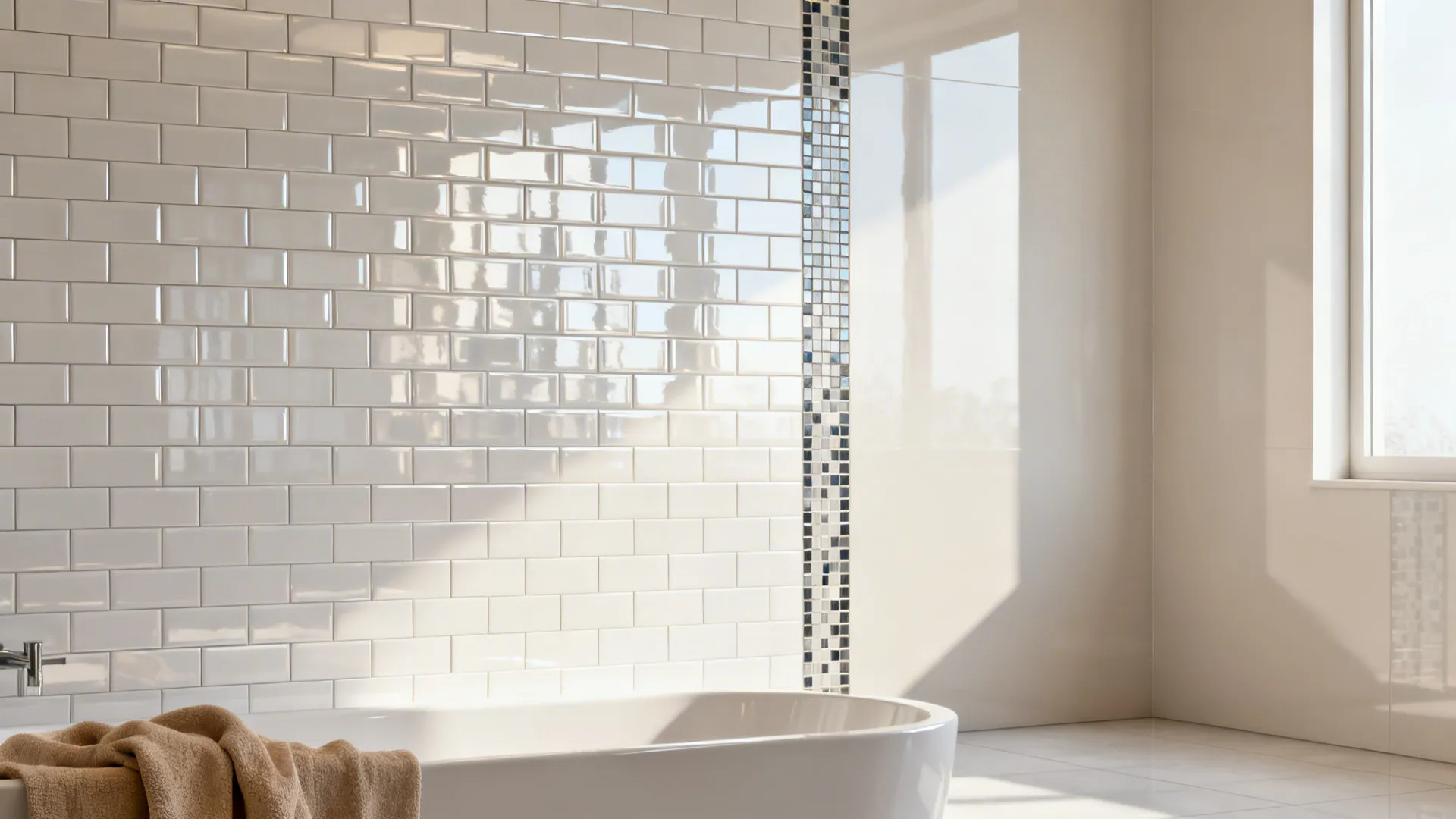 Bright reflective subway tiles with a vertical mosaic accent beside the tub to visually elongate a small bathroom.
