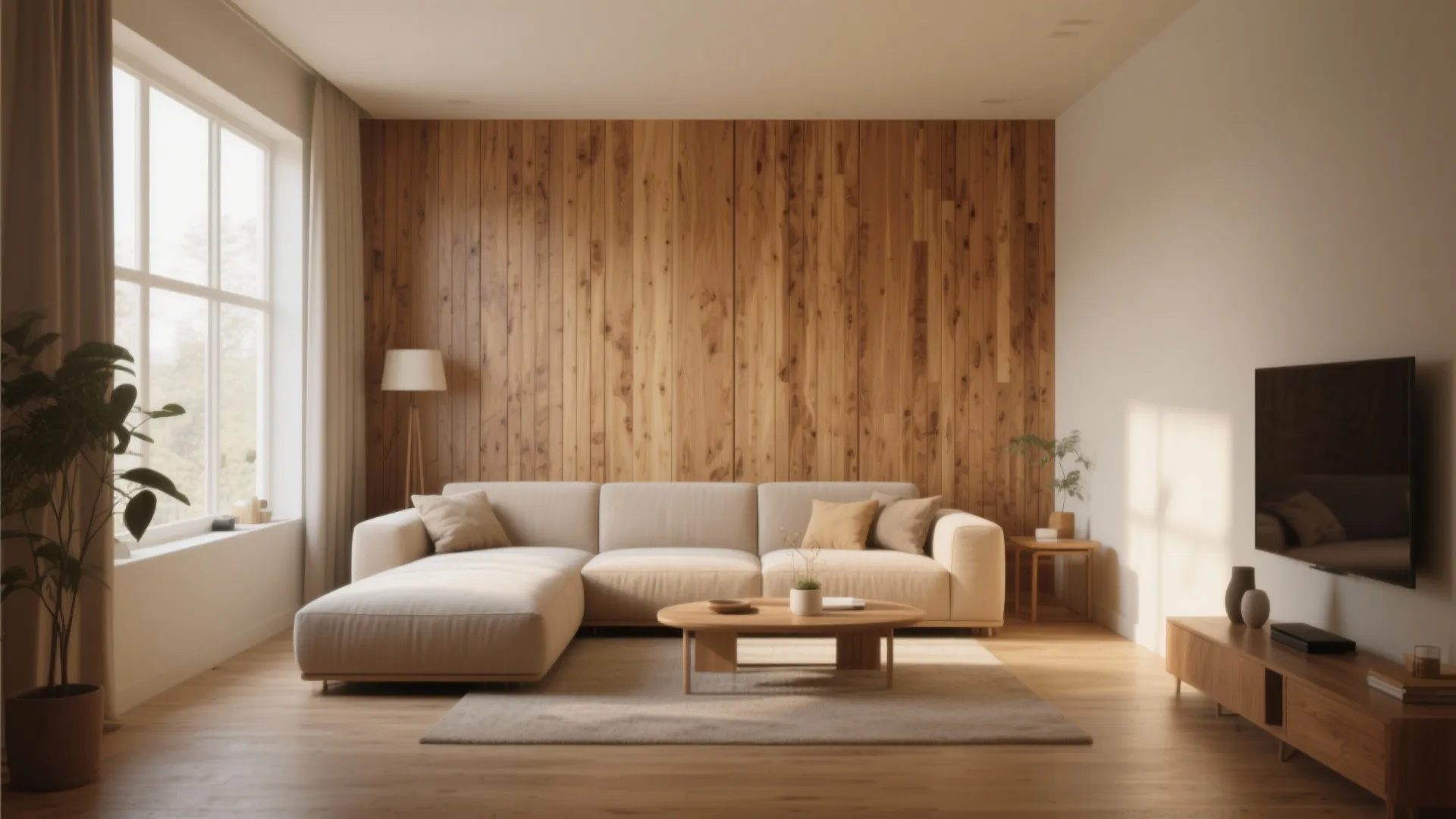 Cozy living room featuring a vertical wood wall panel behind a large sofa and television unit