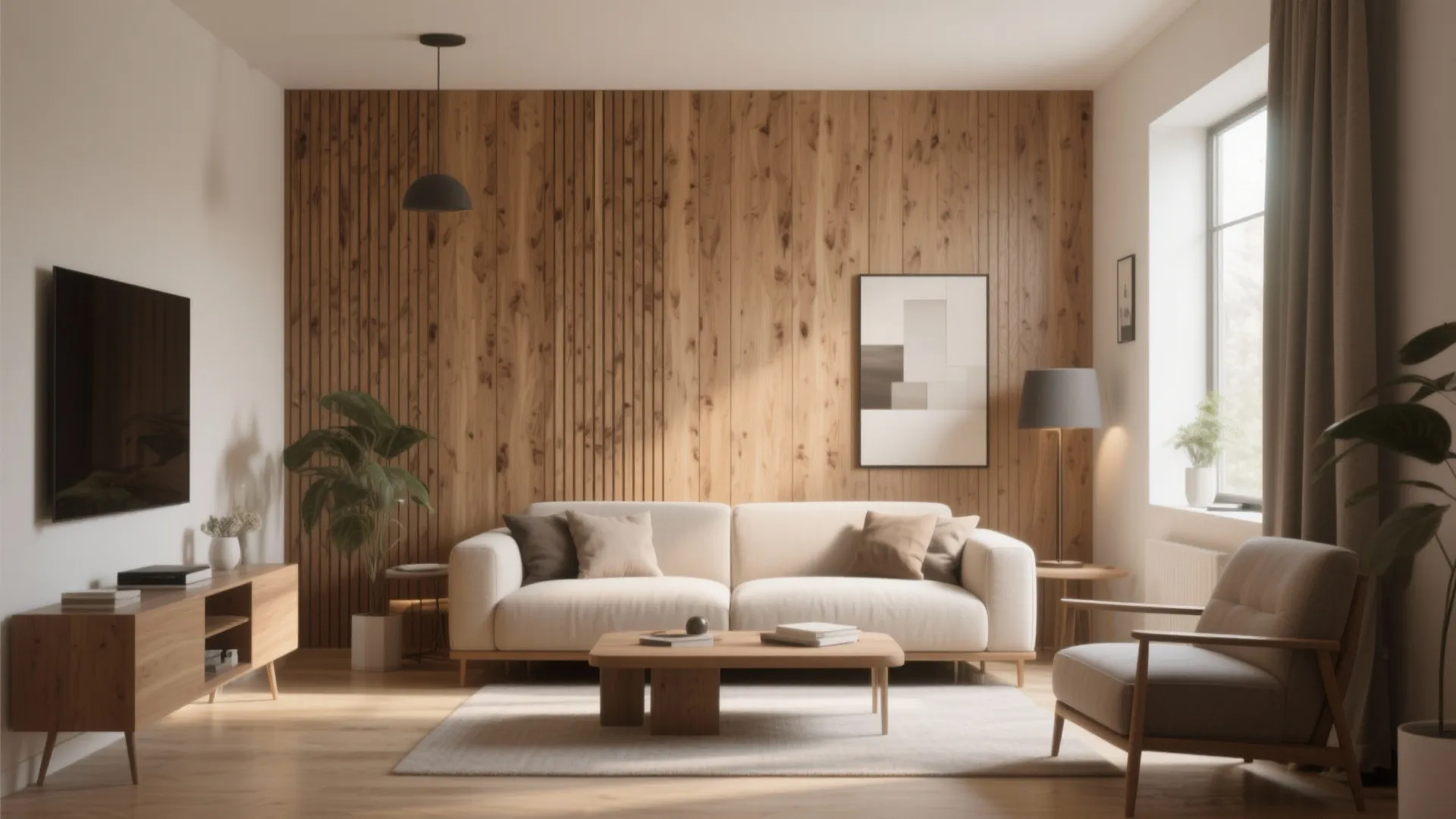 Modern living room featuring wood wall panel white sofa coffee table grey chair and ceiling light
