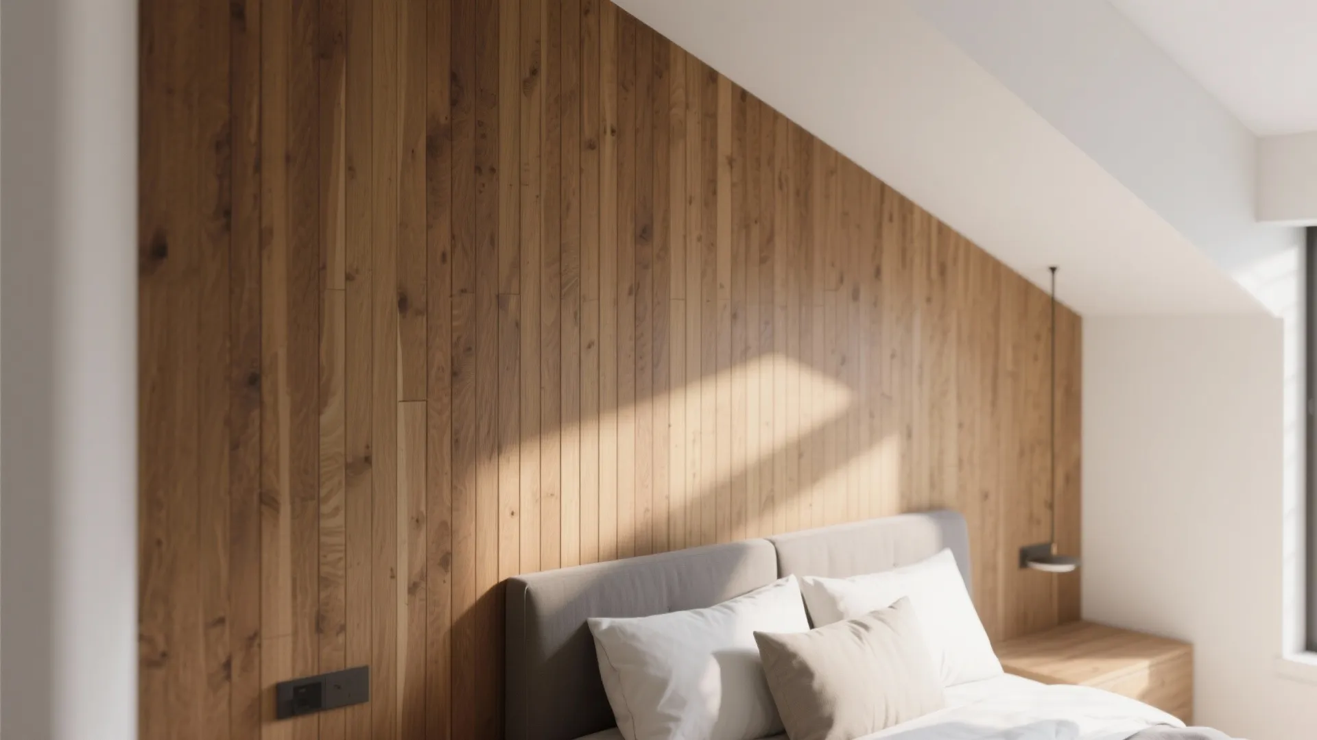 Bedroom with vertical wood wall panel behind a grey bed with white pillows and soft light