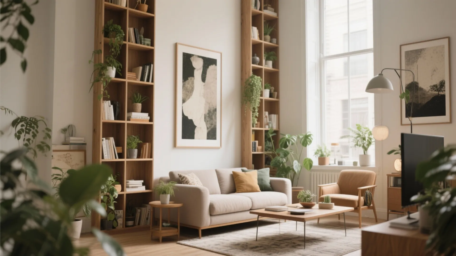 Living room with tall wooden bookshelves many green plants cream sofa and a small coffee table
