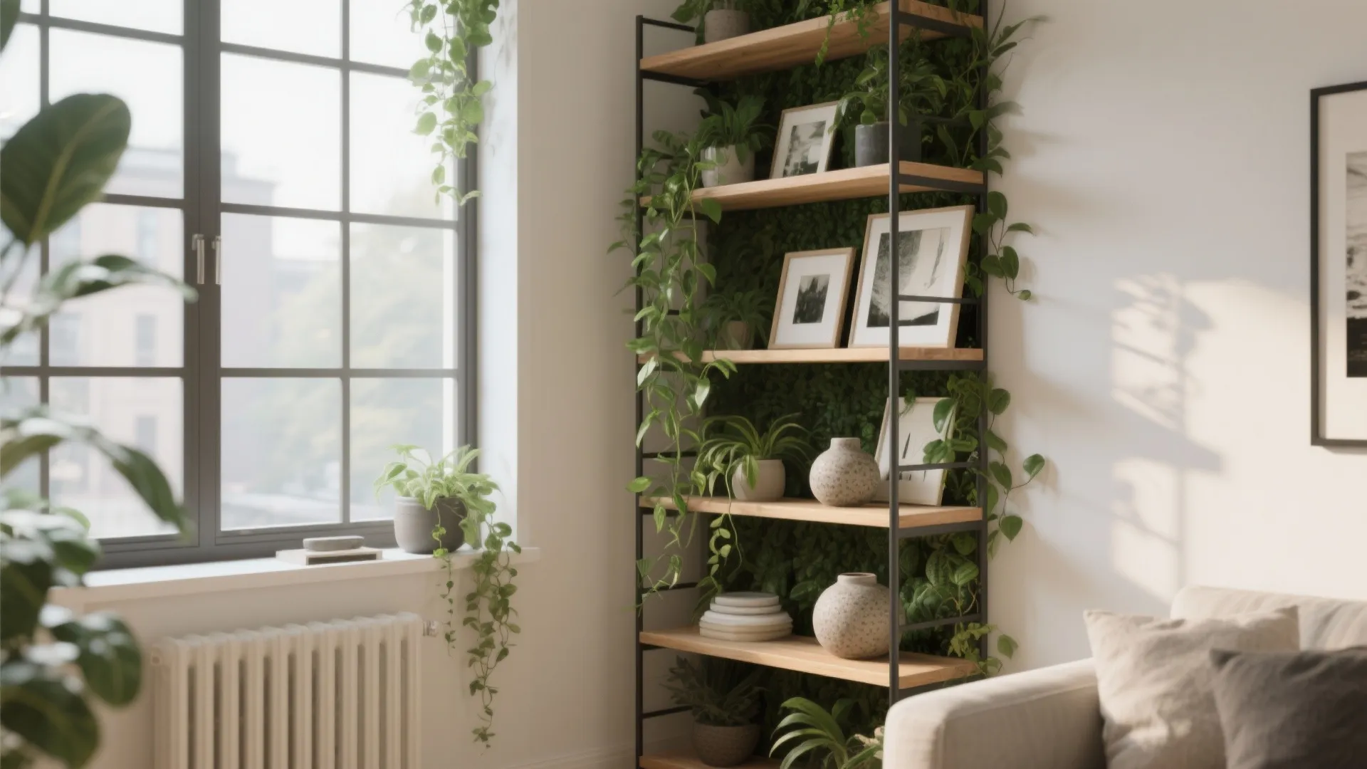 Modern wooden bookshelf with green plants, picture frames, and ceramic vases near a large window