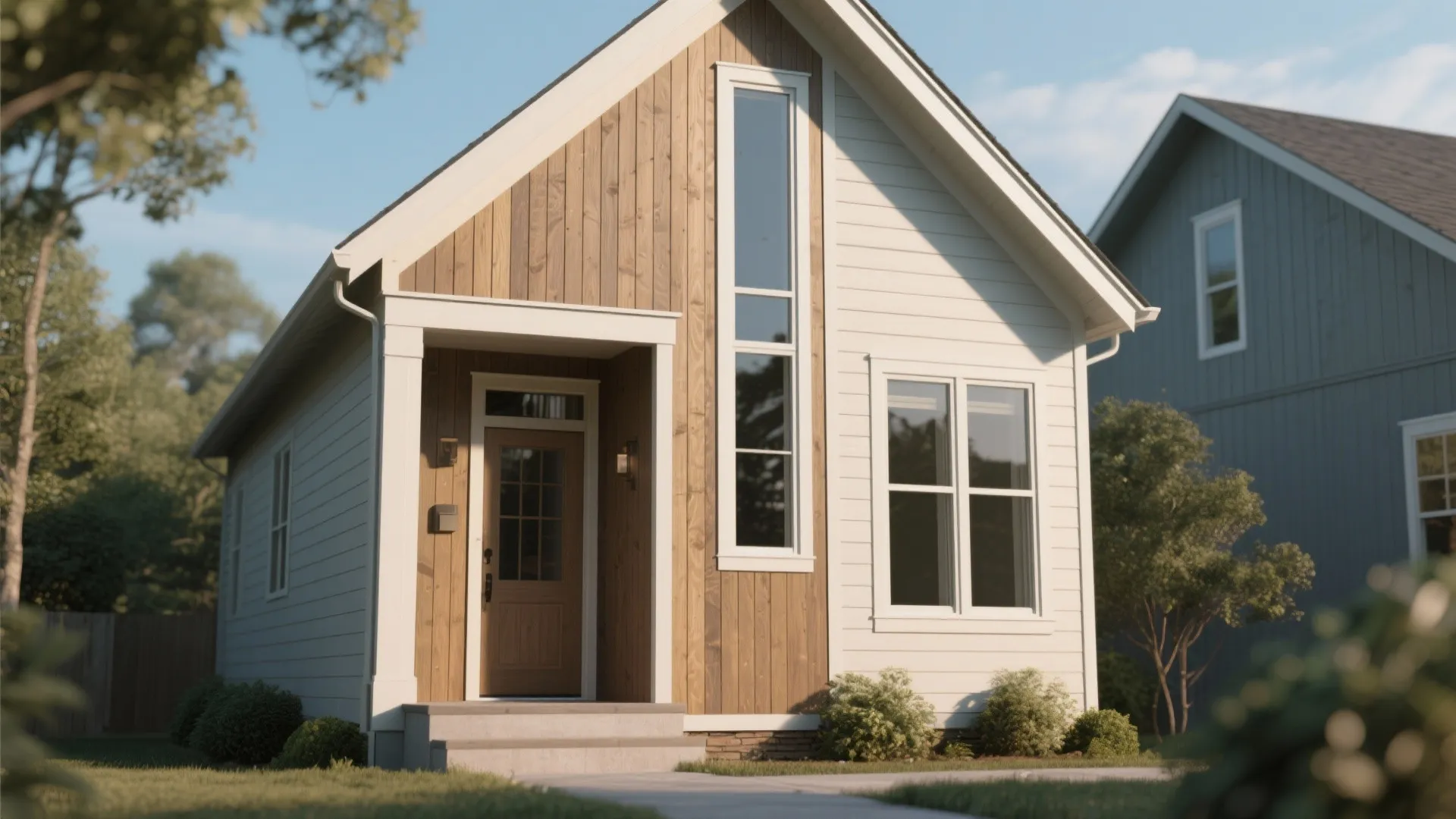 Small white house with vertical wood panels tall narrow window and a brown front door