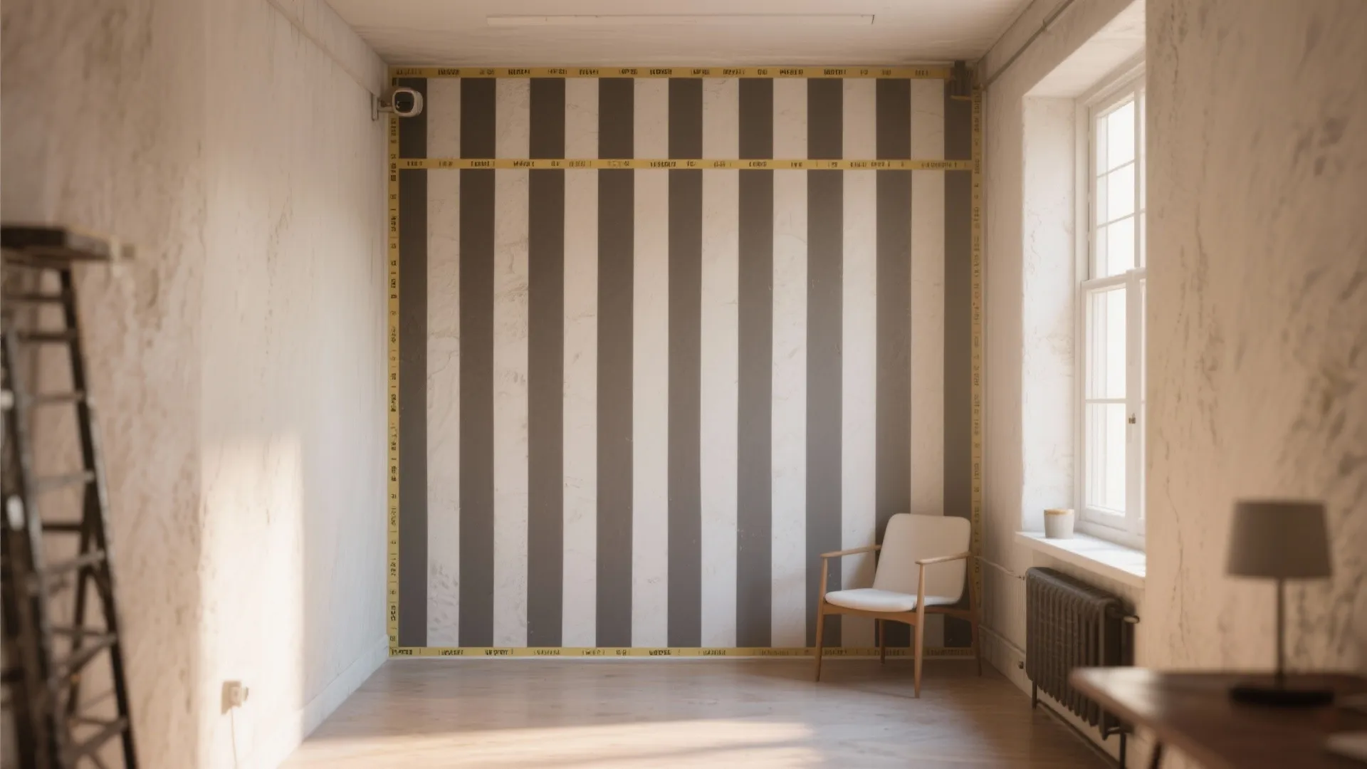 Empty room with grey and white vertical striped wall panel white chair and wooden floor