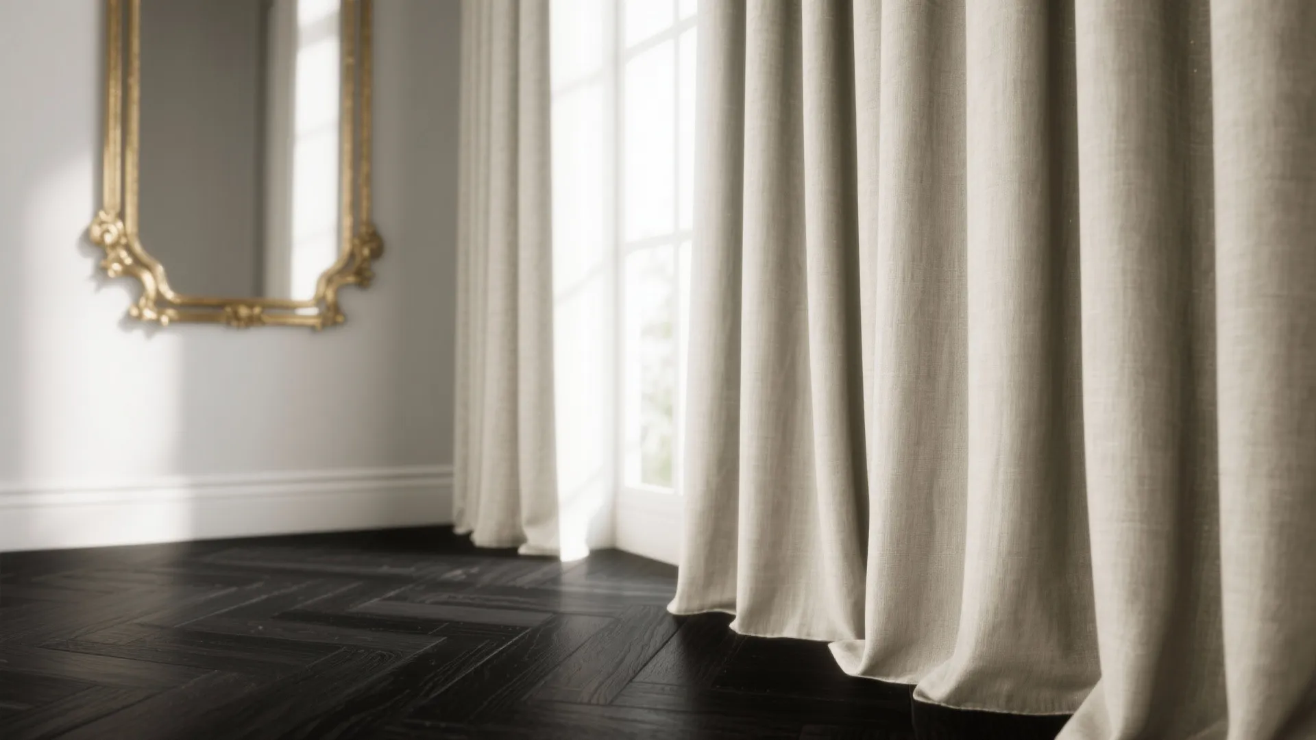 Beige curtains by a window in room with dark wood floors and gold wall mirror
