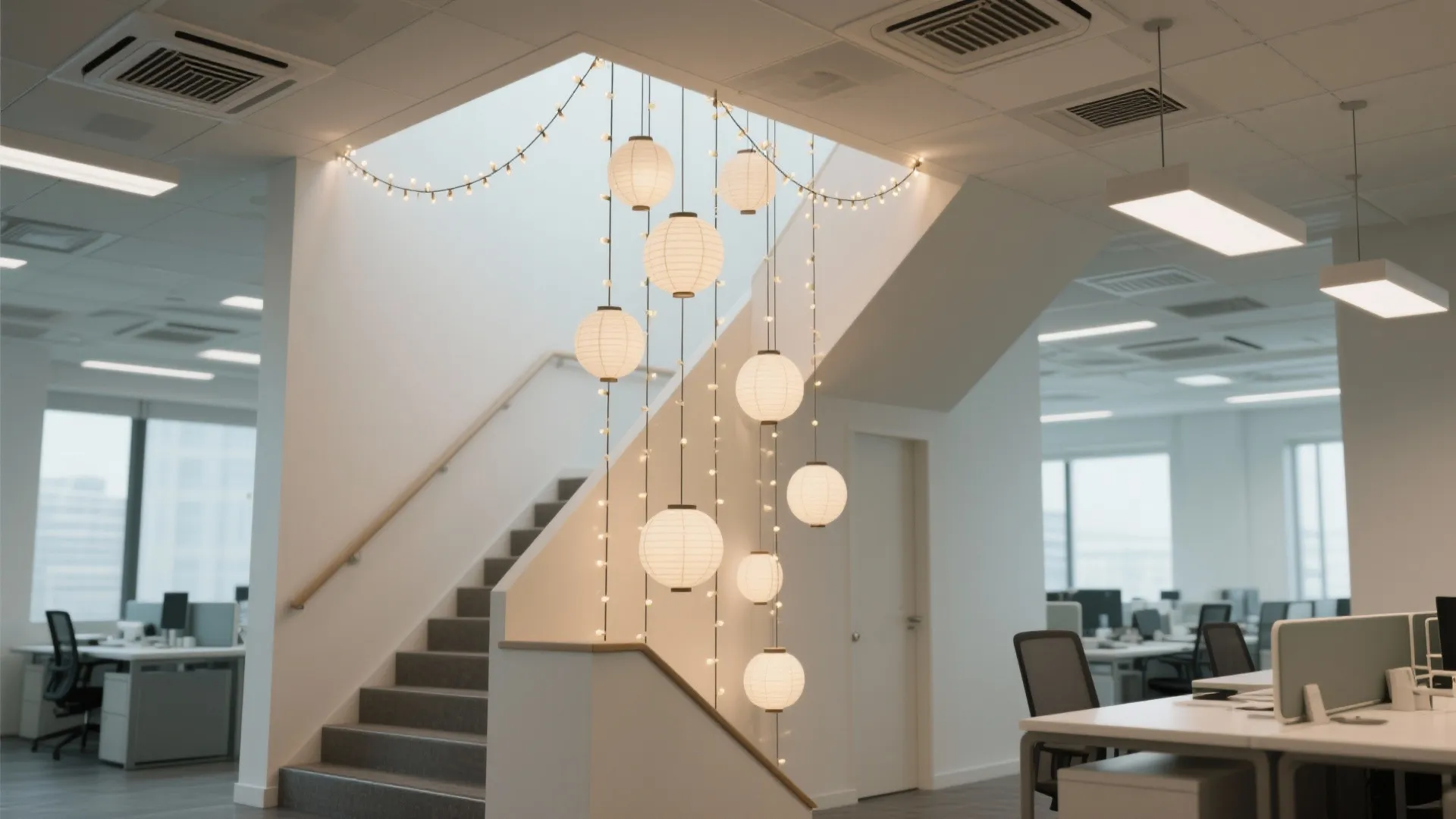Modern office interior with stairs round white paper ceiling lights desks and bright open workspace