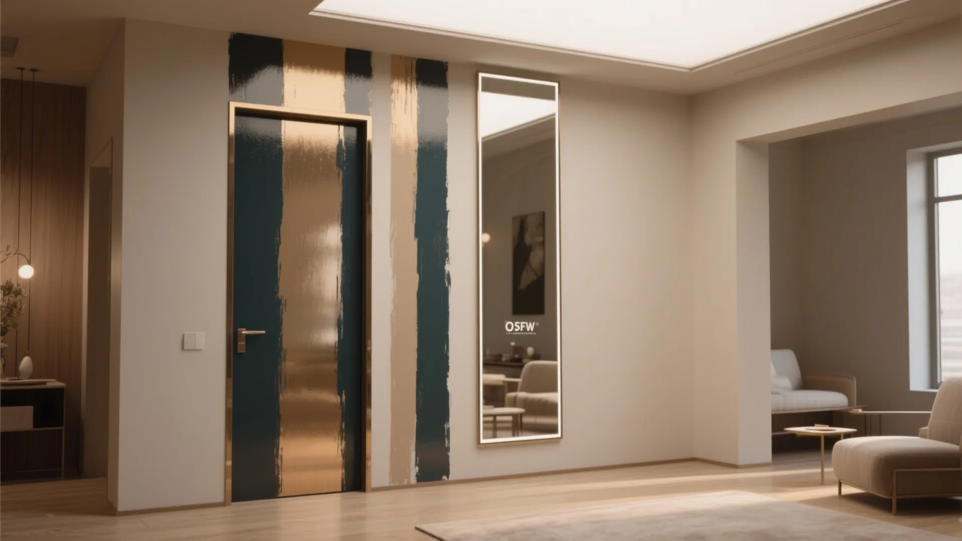 Modern hallway with blue and gold wall stripes a tall narrow mirror and beige furniture